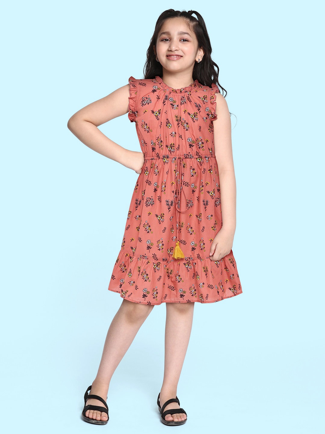 

HERE&NOW Girls Pink Printed Pure Cotton Peplum Dress