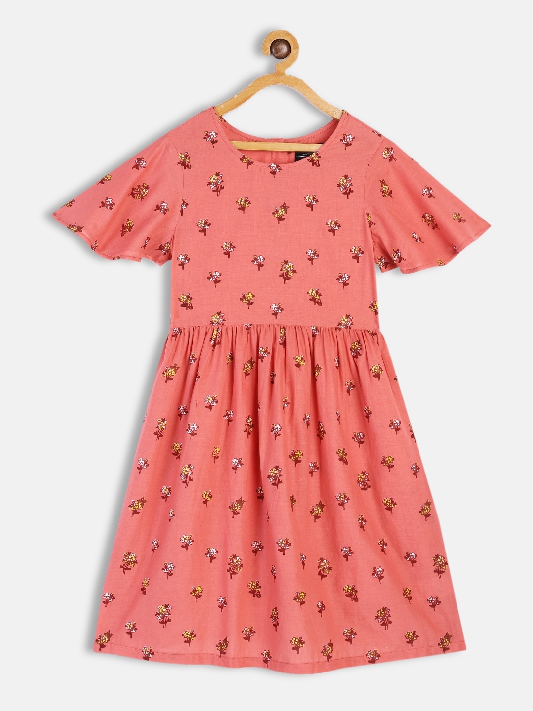 

HERE&NOW Girls Coral Pink Floral Printed Pure Cotton Fit and Flared Dress