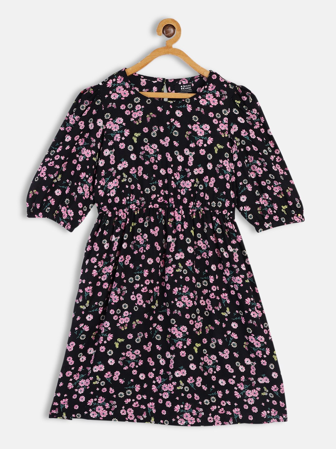 

HERE&NOW Girls Black Floral Printed Fit and Flared Dress