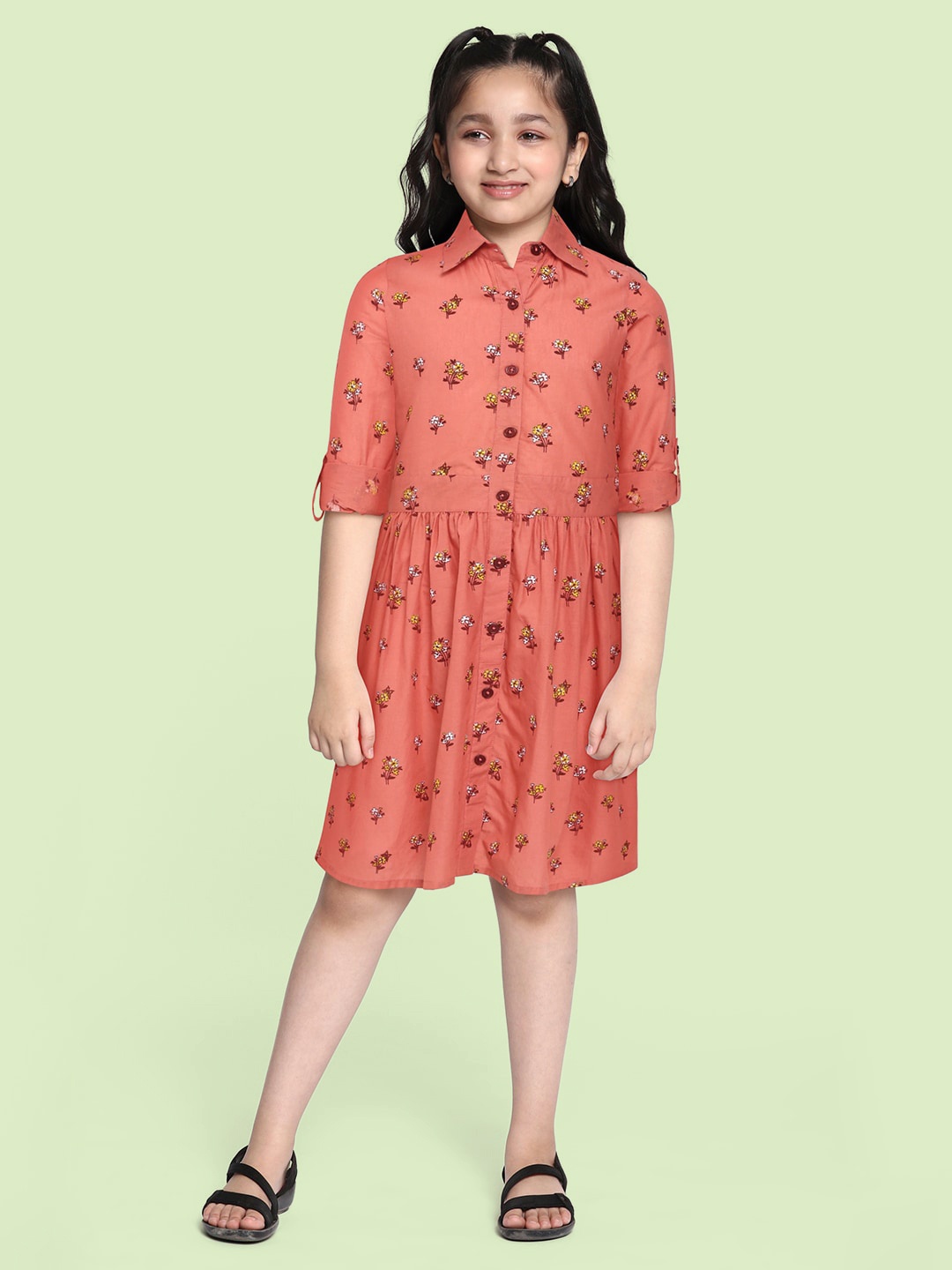 

HERE&NOW Girls Coral Pink Printed Pure Cotton Shirt Style Dress
