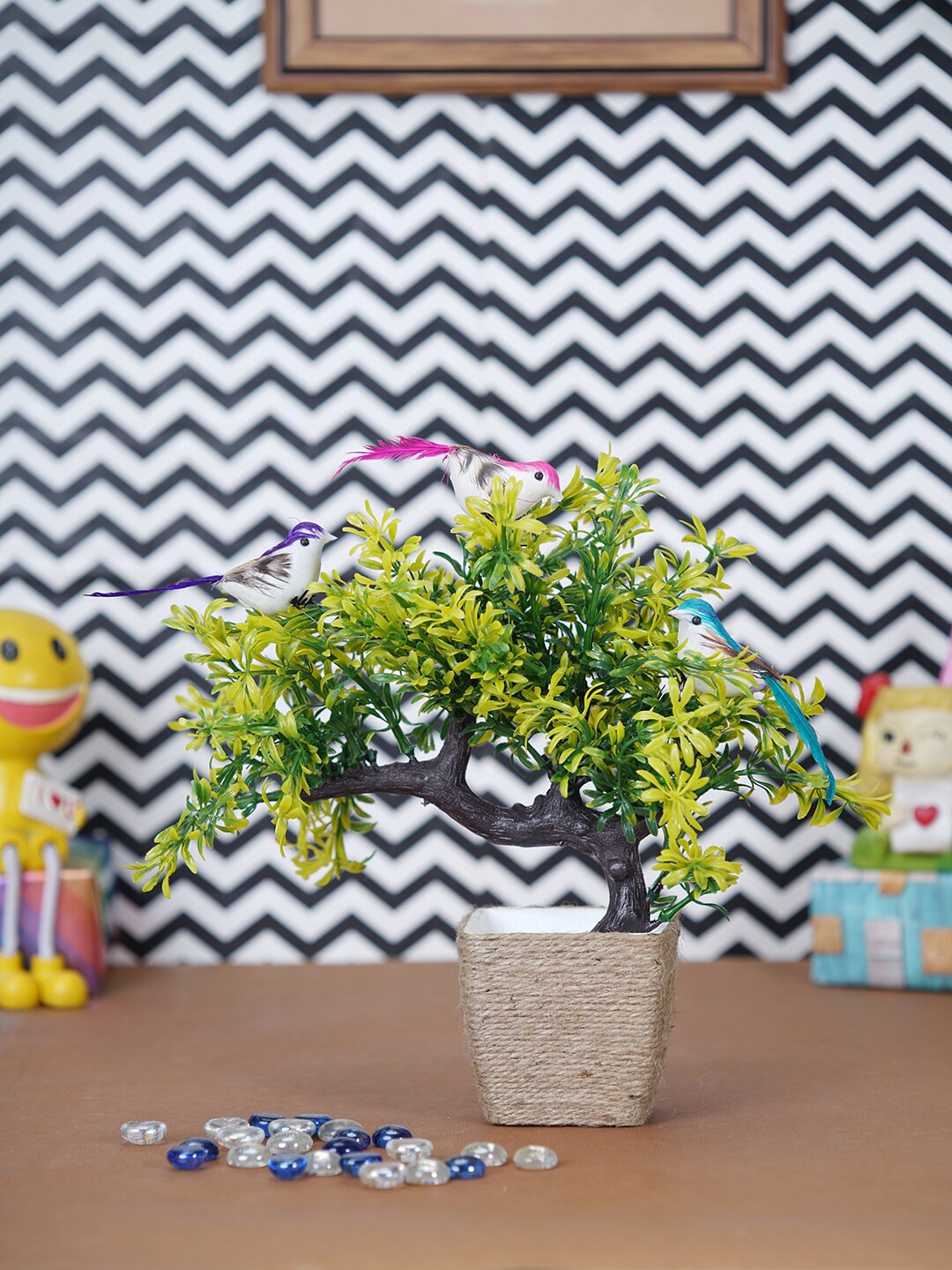 

Dekorly Green & Brown Artificial Bonsai Plant & Birds With Jute Pot