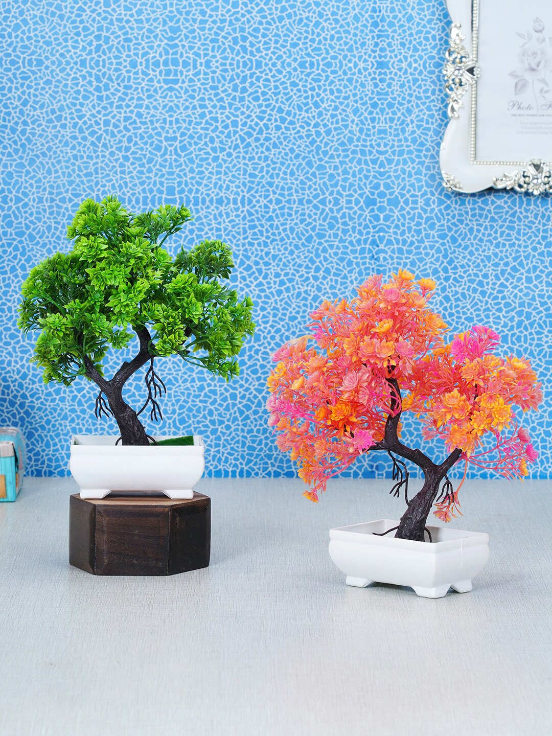 Dekorly Orange & Green Pack of 2 Artificial Flower & Plant With Pot