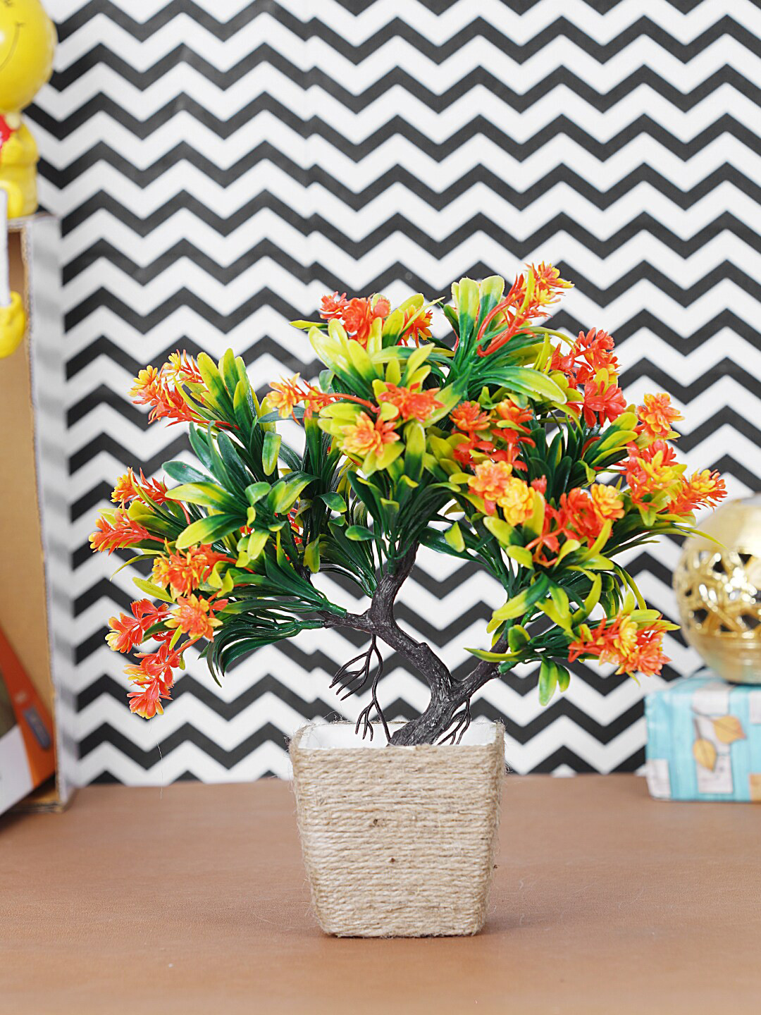 

Dekorly Orange & Green Artificial Bonsai Plant With Jute Pot