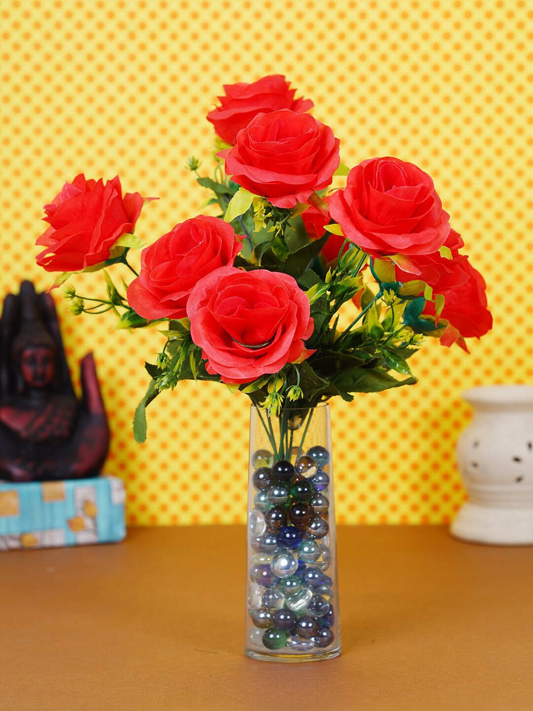 

Dekorly Red rose Artificial Flower With Transparent vase