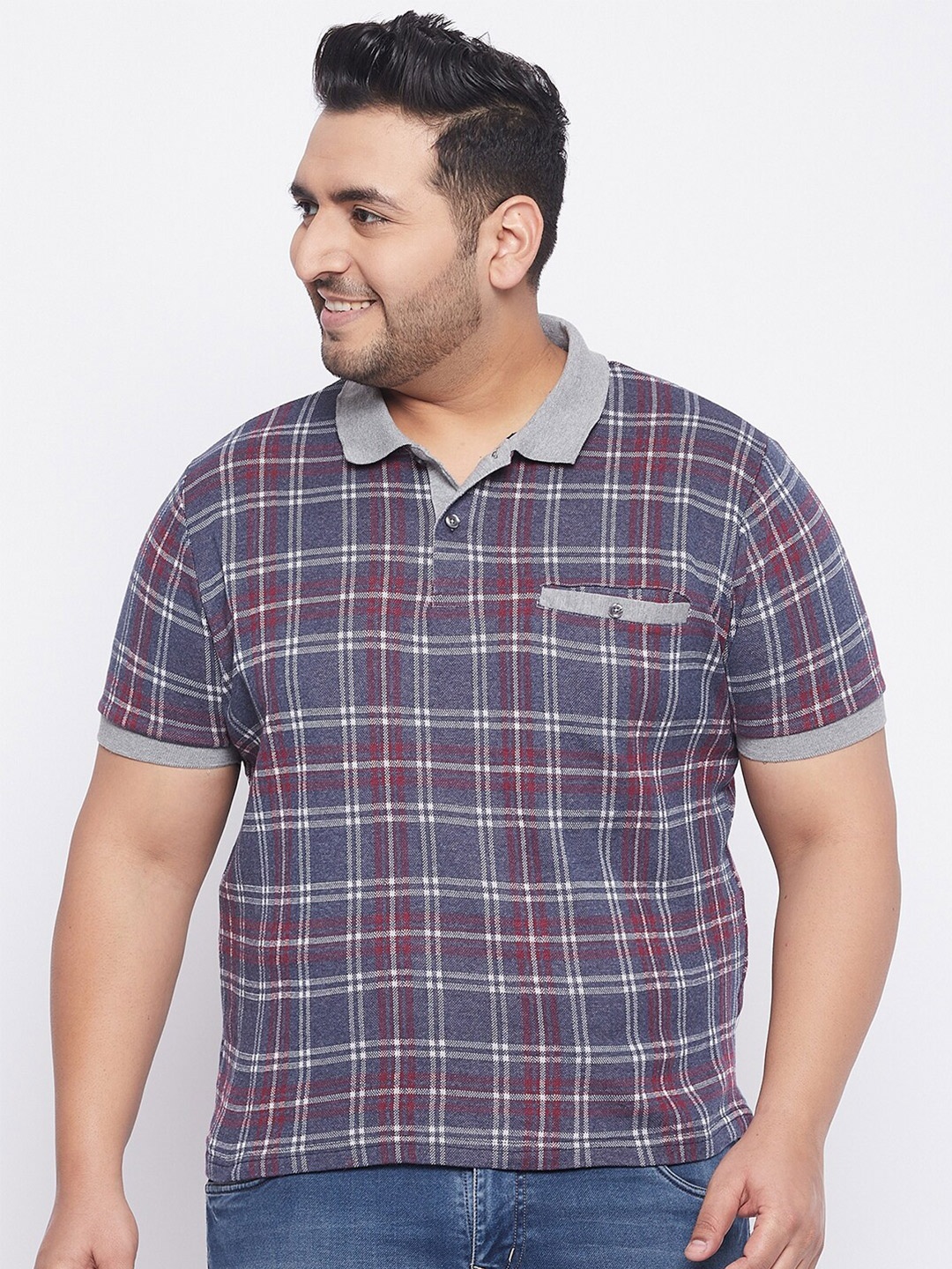 

AUSTIVO Men Plus Size Blue & Red Checked Polo Collar T-shirt