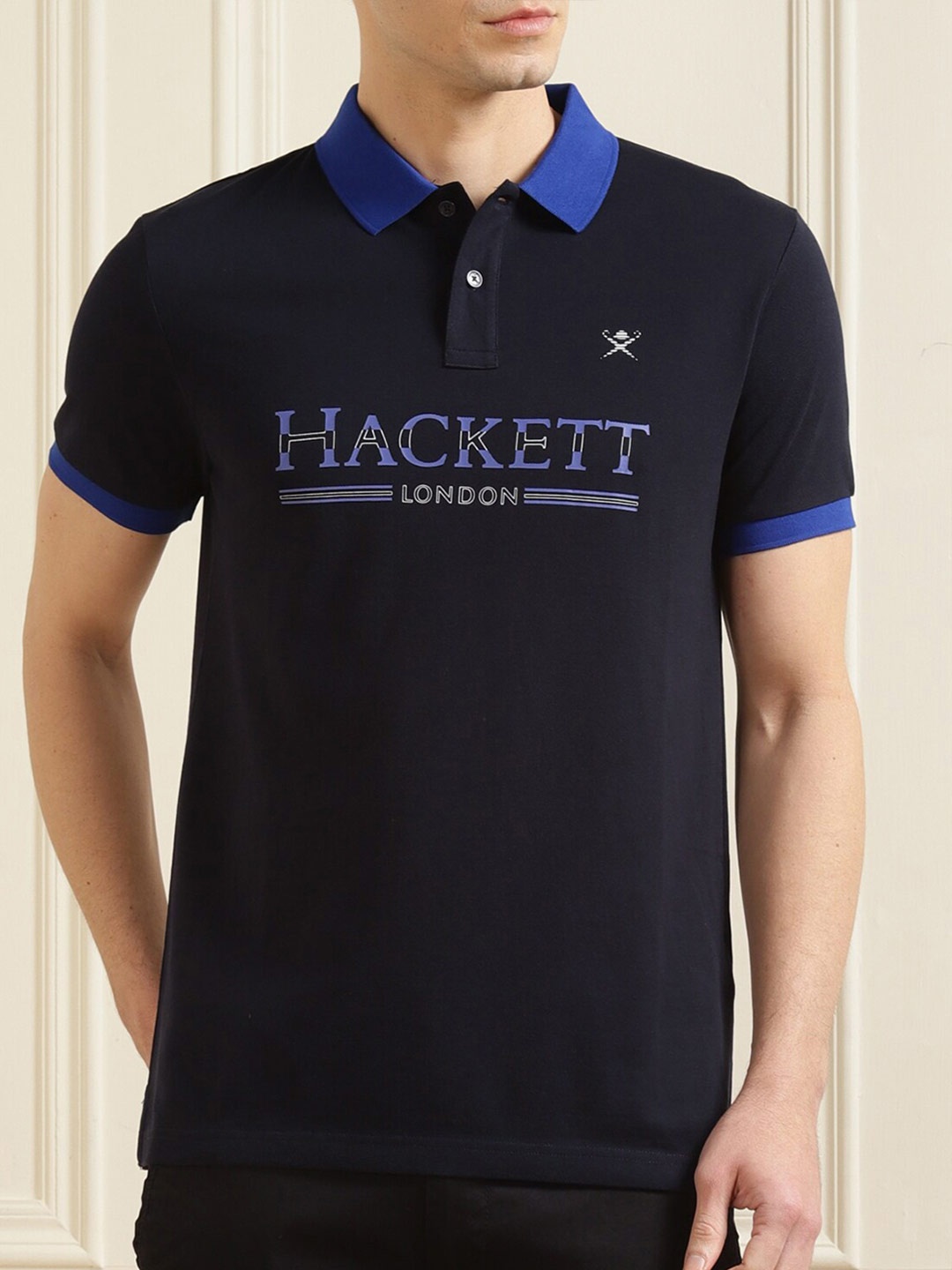 

HACKETT LONDON Men Navy Blue Brand Logo Printed Polo Collar Cotton T-shirt