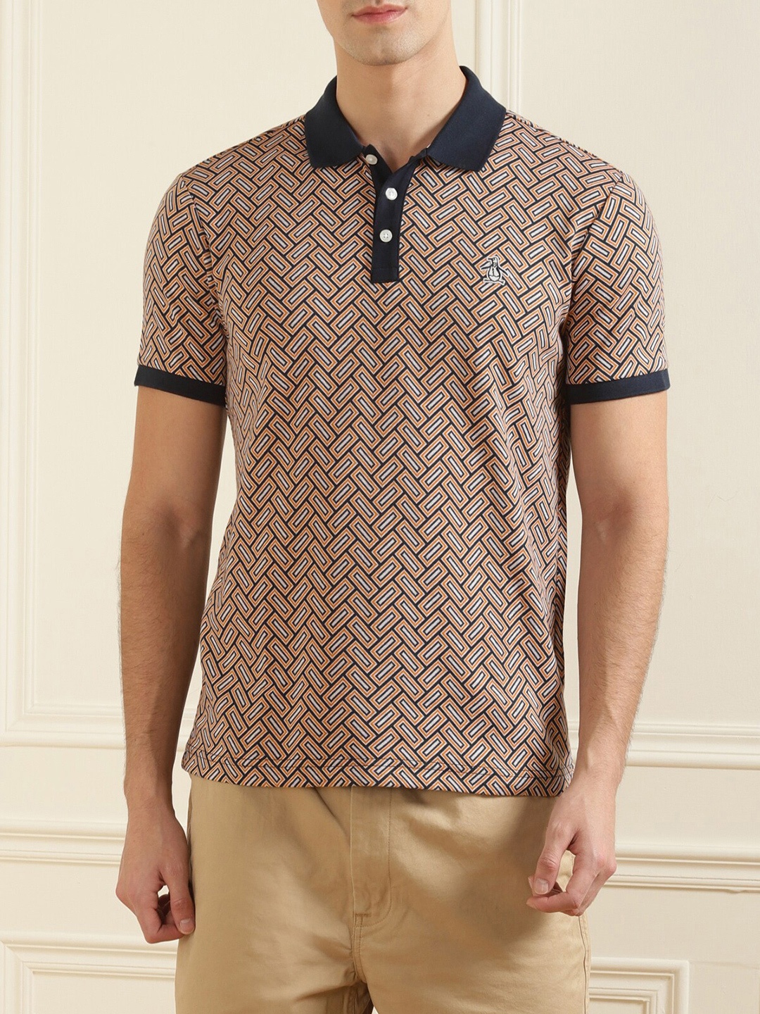 

Original Penguin Men Brown & Black Printed Polo Collar Cotton T-shirt