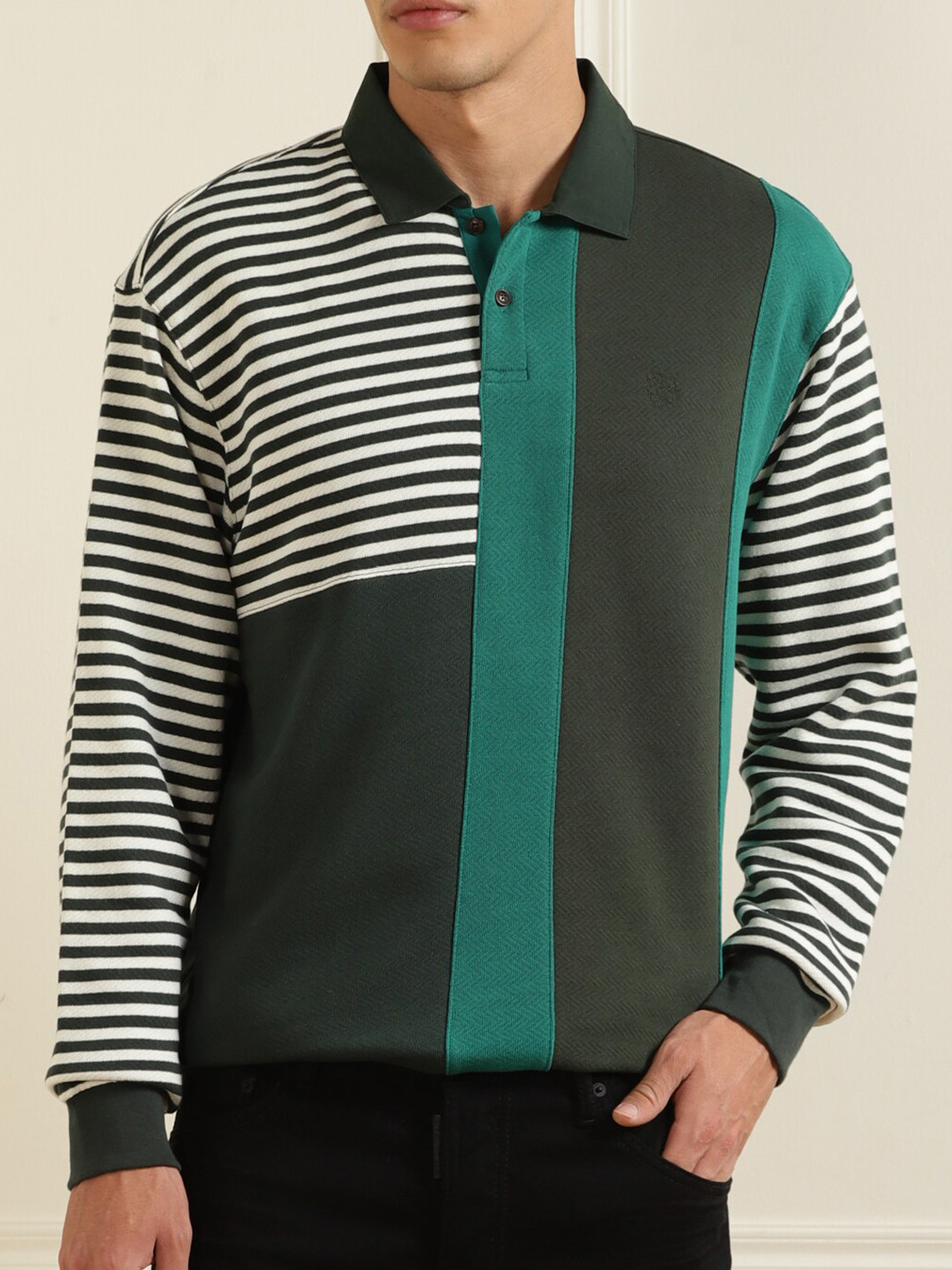 

Ted Baker Men Green Striped Polo Collar Pure Cotton T-shirt