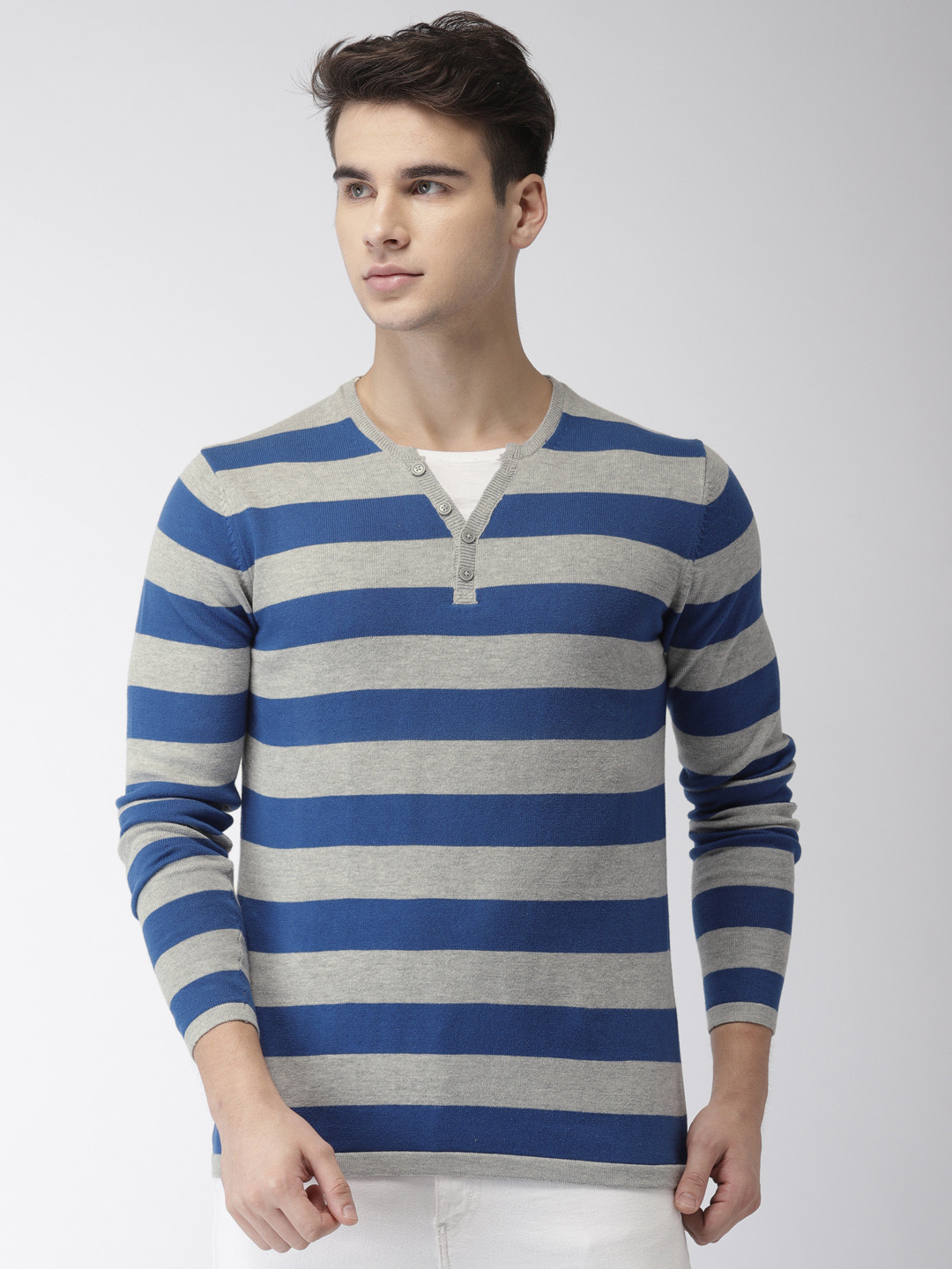 

Celio Men Blue & Grey Striped Pullover