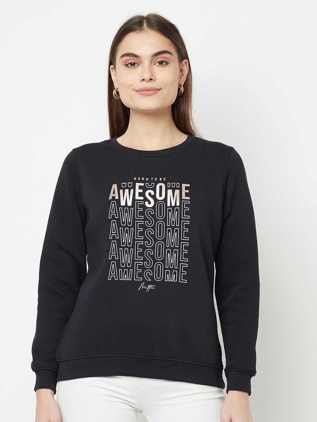 

METTLE Women Navy Blue Printed Fleece Sweatshirt