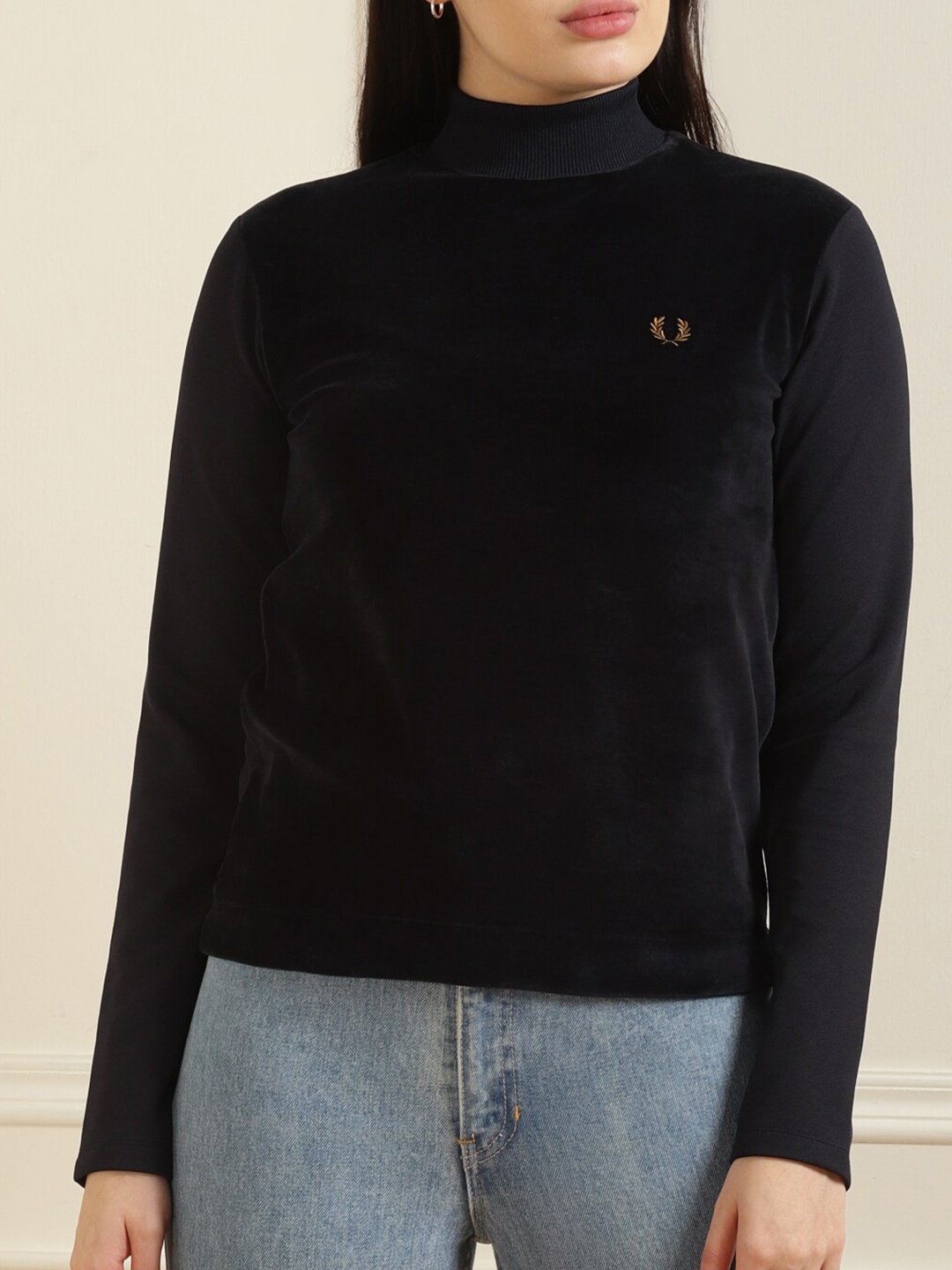 

Fred Perry Women Navy Blue High Neck Pure Cotton T-shirt