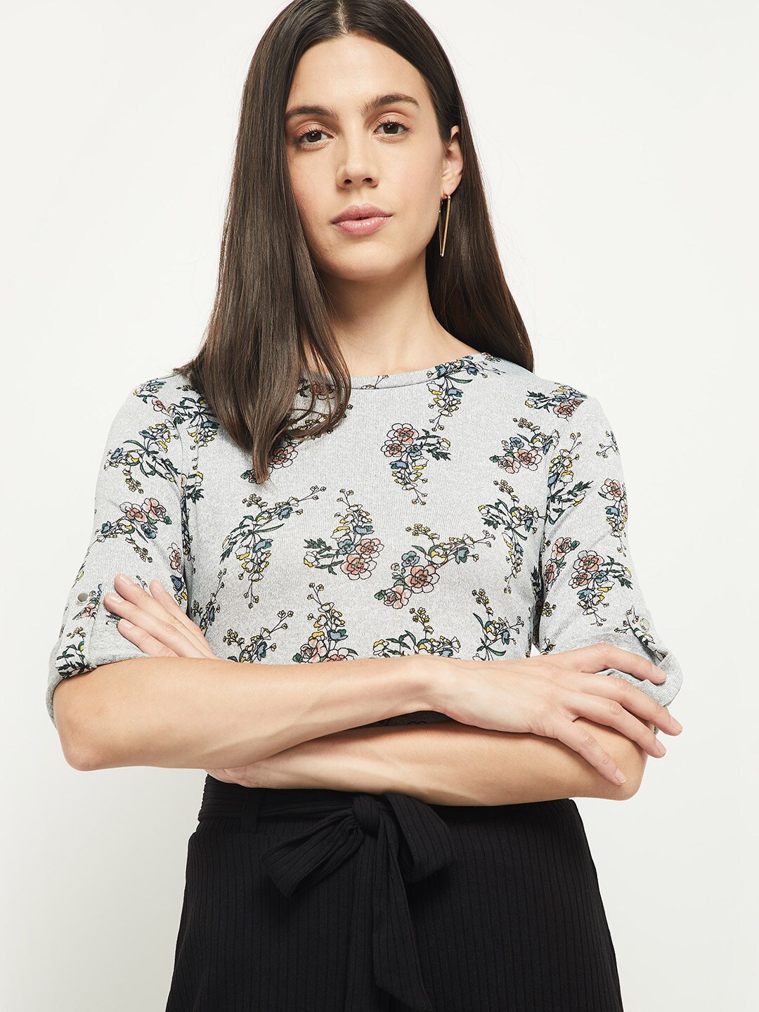 

max Grey Melange Floral Print Roll-Up Sleeves Top