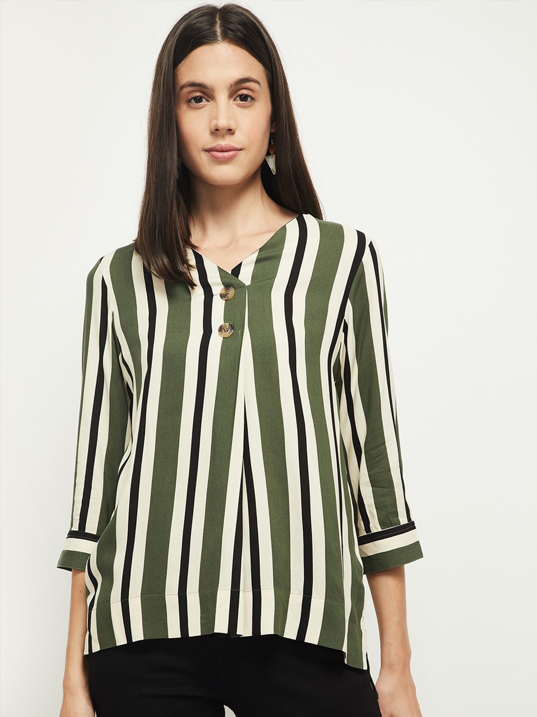 

max Olive Green & Black Striped Top