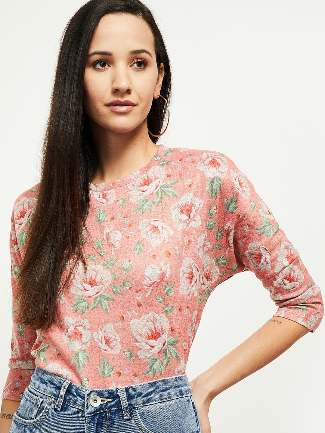 

max Rose Floral Print Extended Sleeves Top
