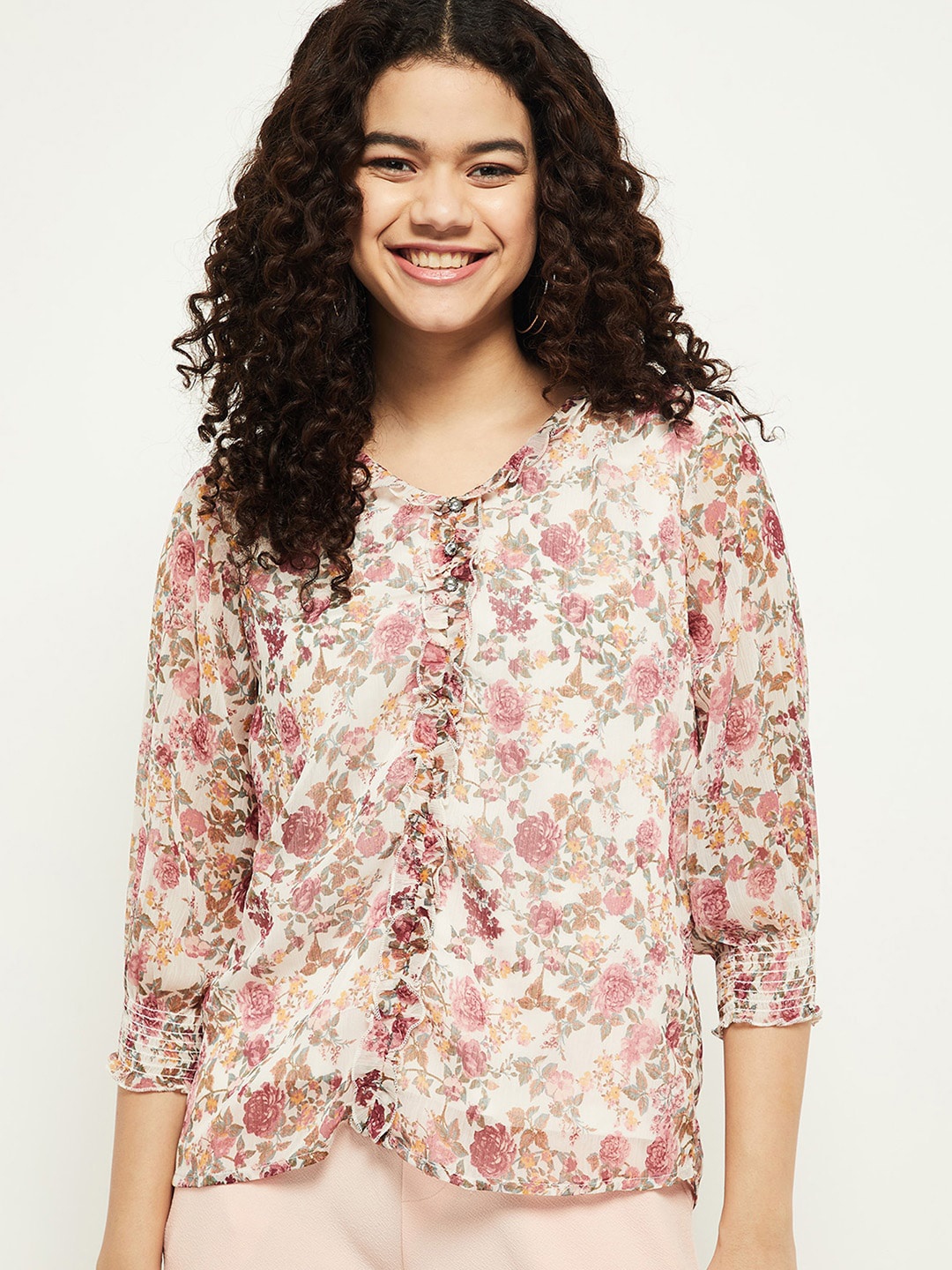 

max White & Pink Floral Print Top