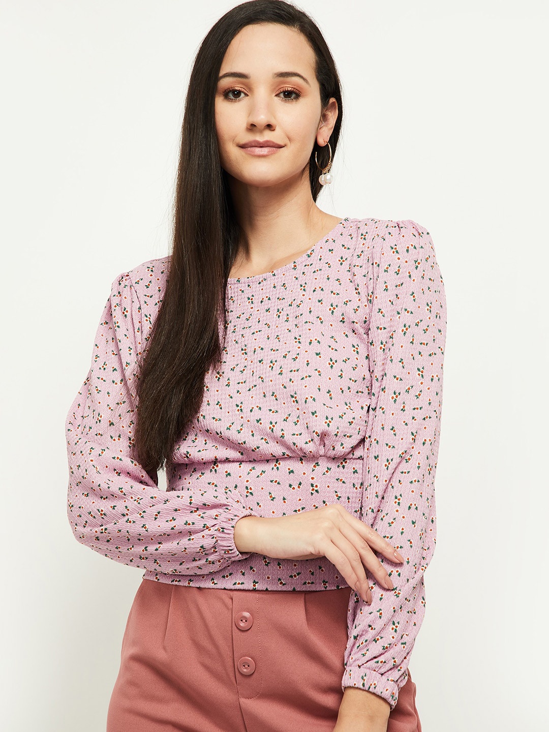 

max Pink Floral Print Cinched Waist Top