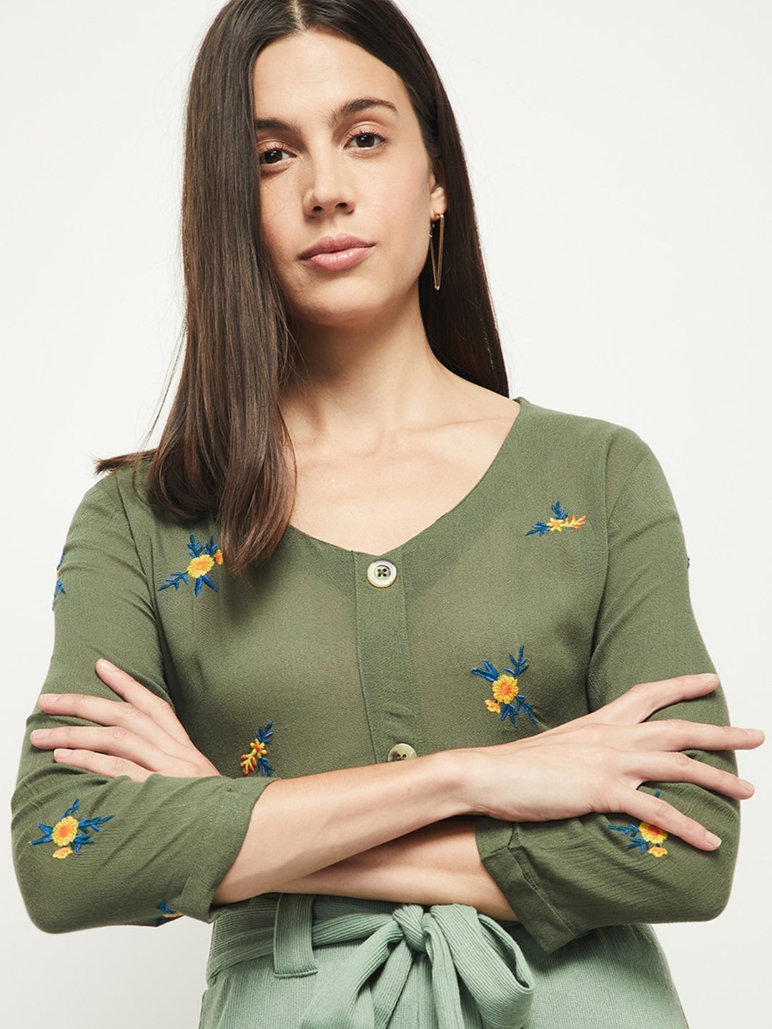 

max Olive Green Embroidered Top