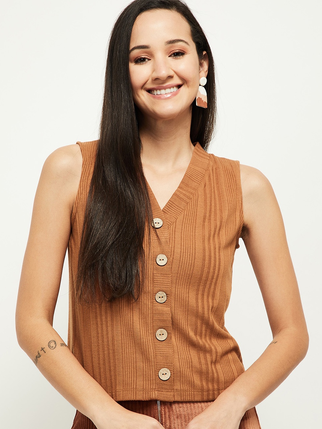 

max Brown Striped Button Detail Top