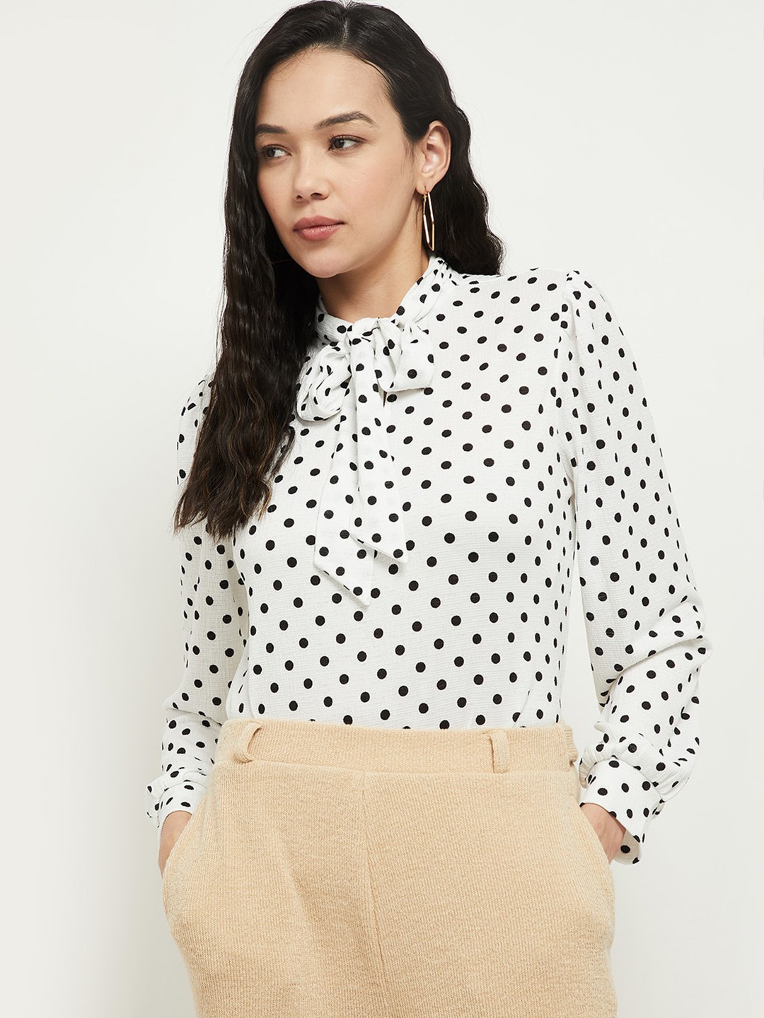 

max White & Black Polka Dots Printed Tie Up Neck Top