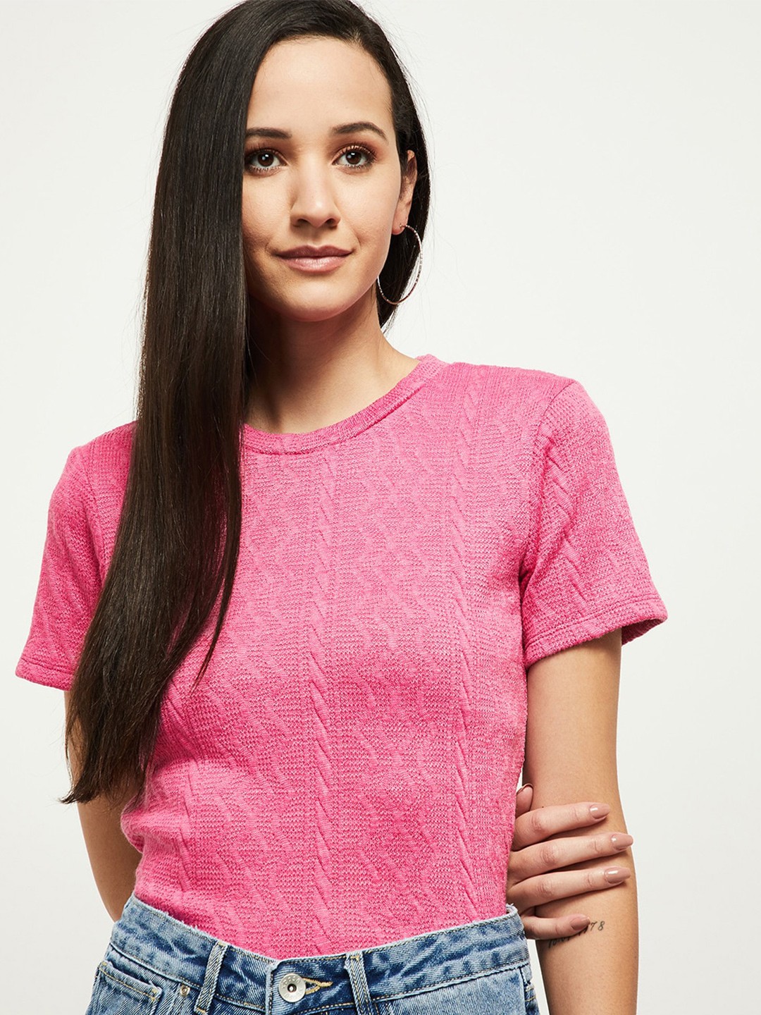 

max Women Pink Self Designed T-shirt