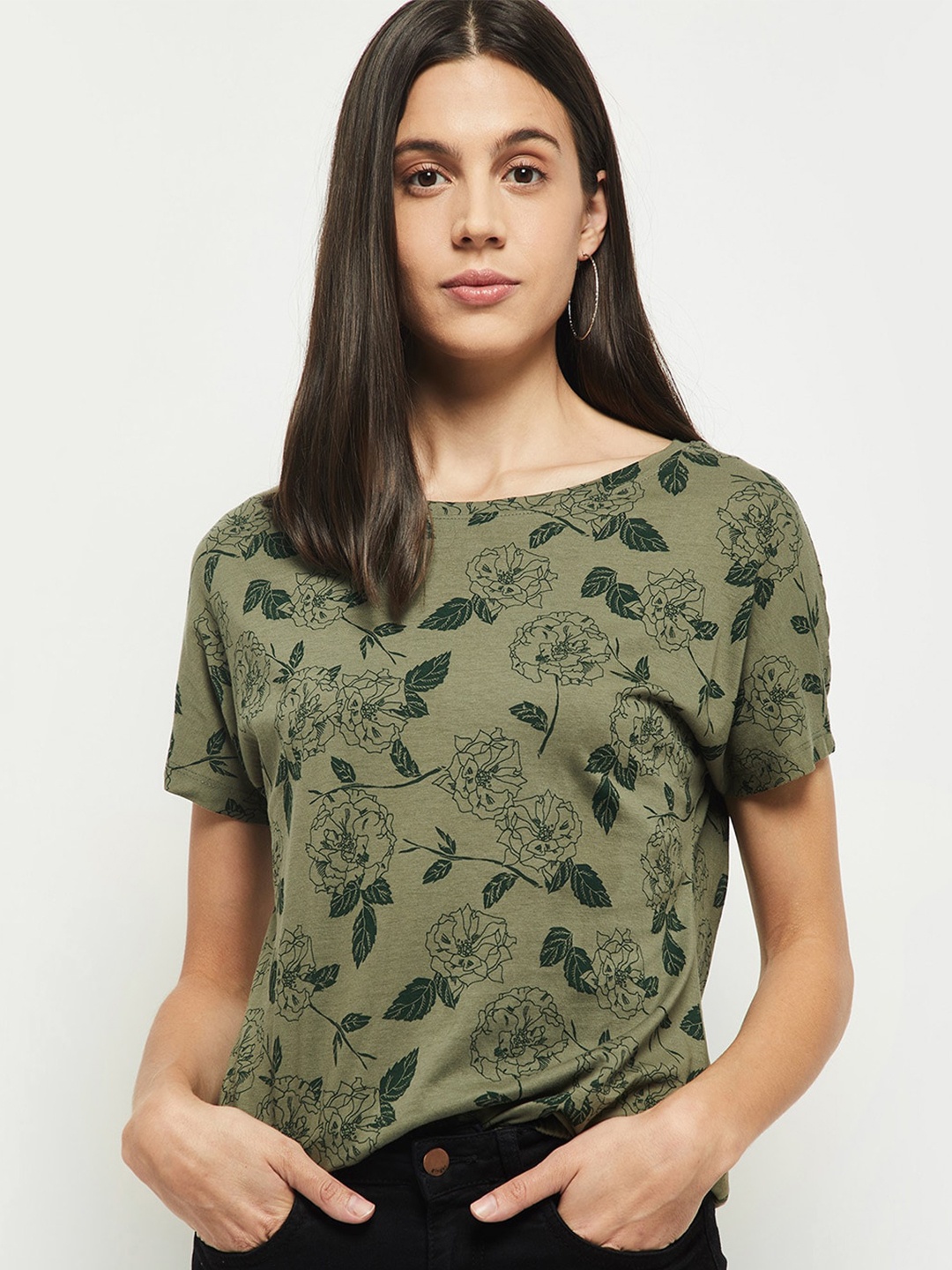 

max Women Olive Green Floral Printed T-shirt