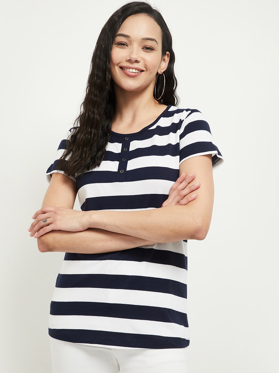 

max Women Navy Blue Striped T-shirt
