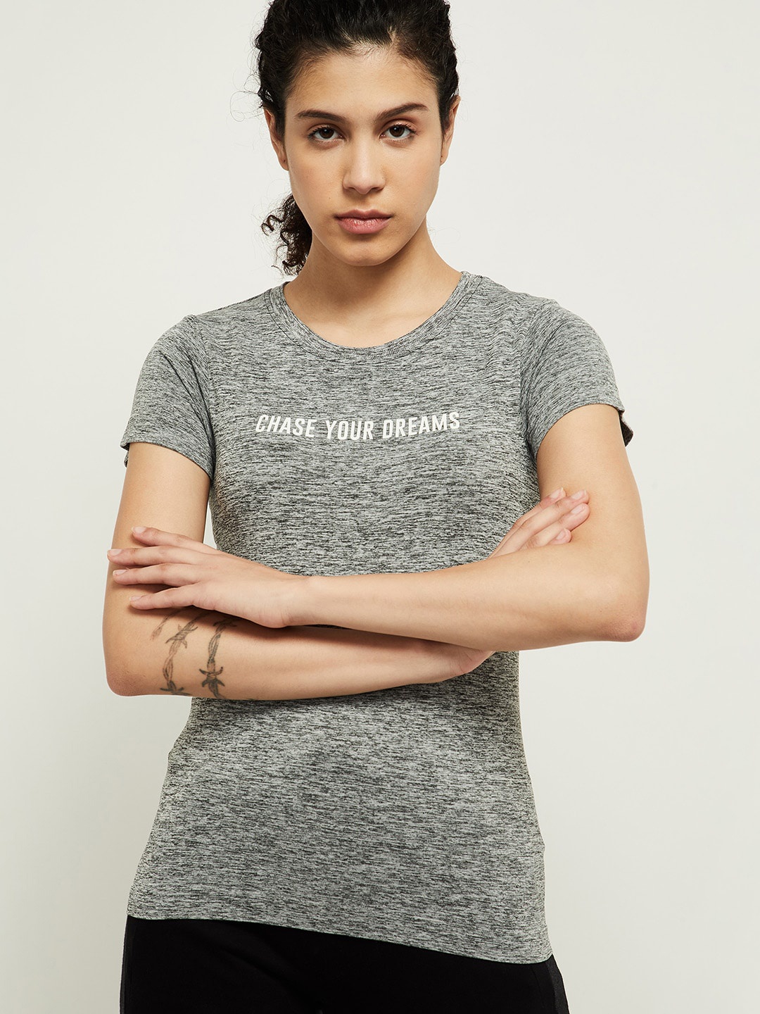 

max Women Charcoal Typography Printed T-shirt