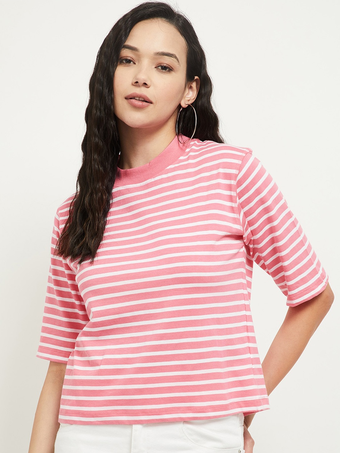 

max Women Pink & White Striped Pure Cotton T-shirt