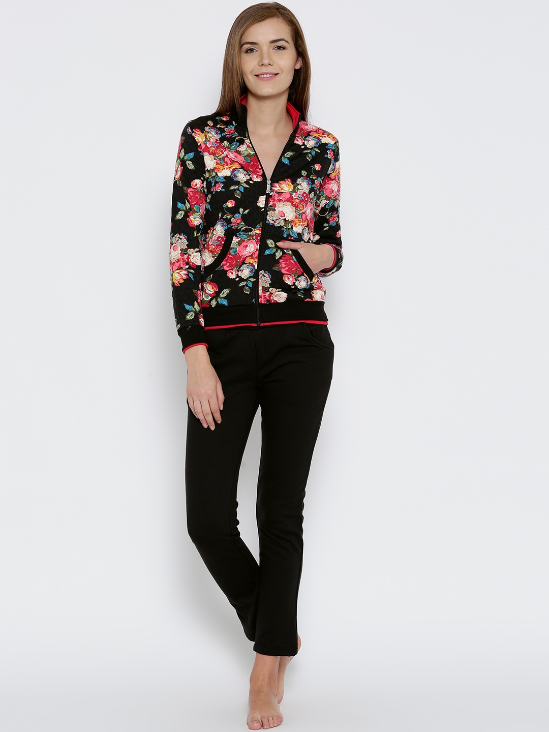 

SDL by Sweet Dreams Black & Pink Floral Print Smart Fit Nightsuit 214176