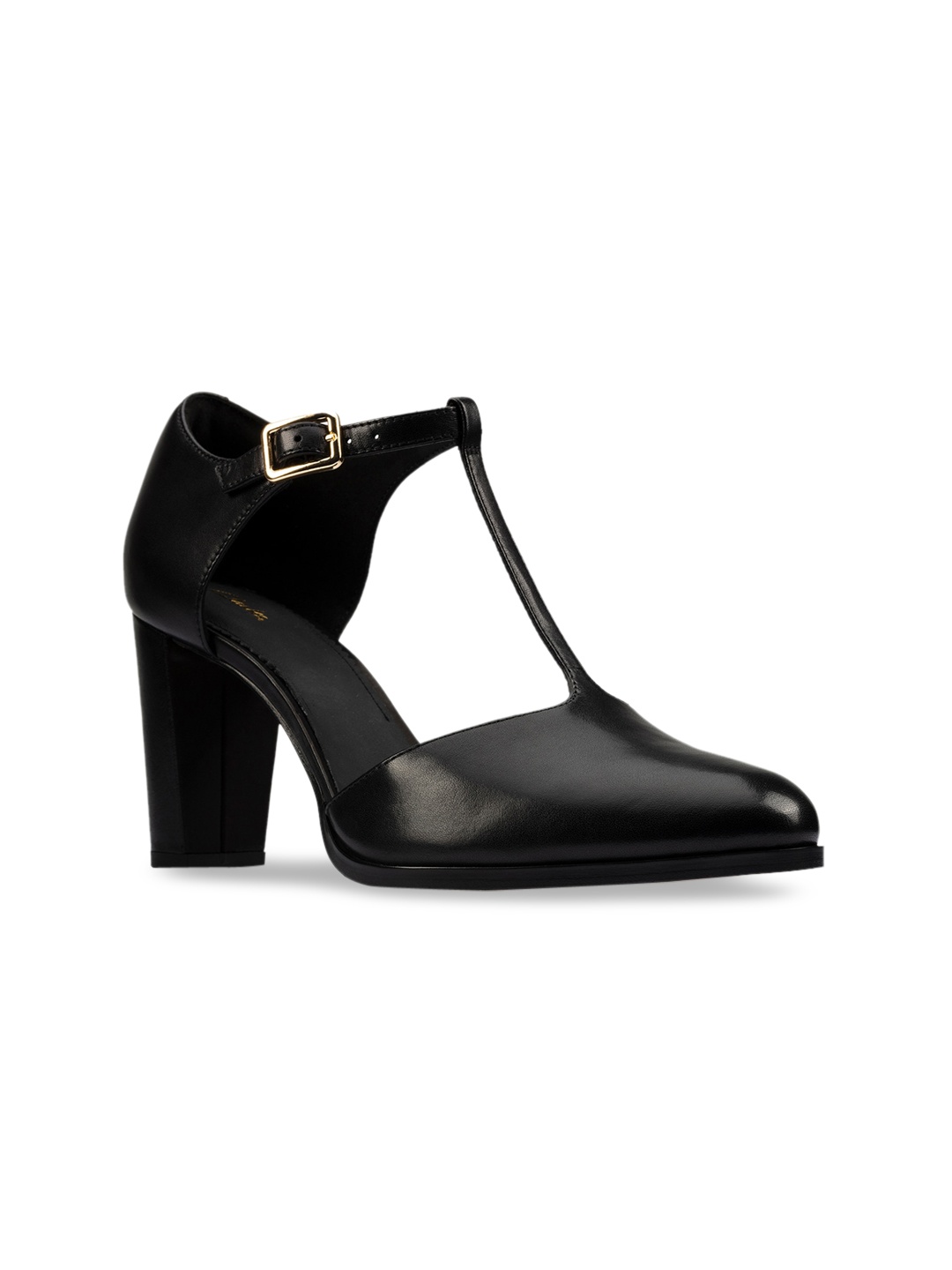 

Clarks Black Leather Block Pumps with Buckles