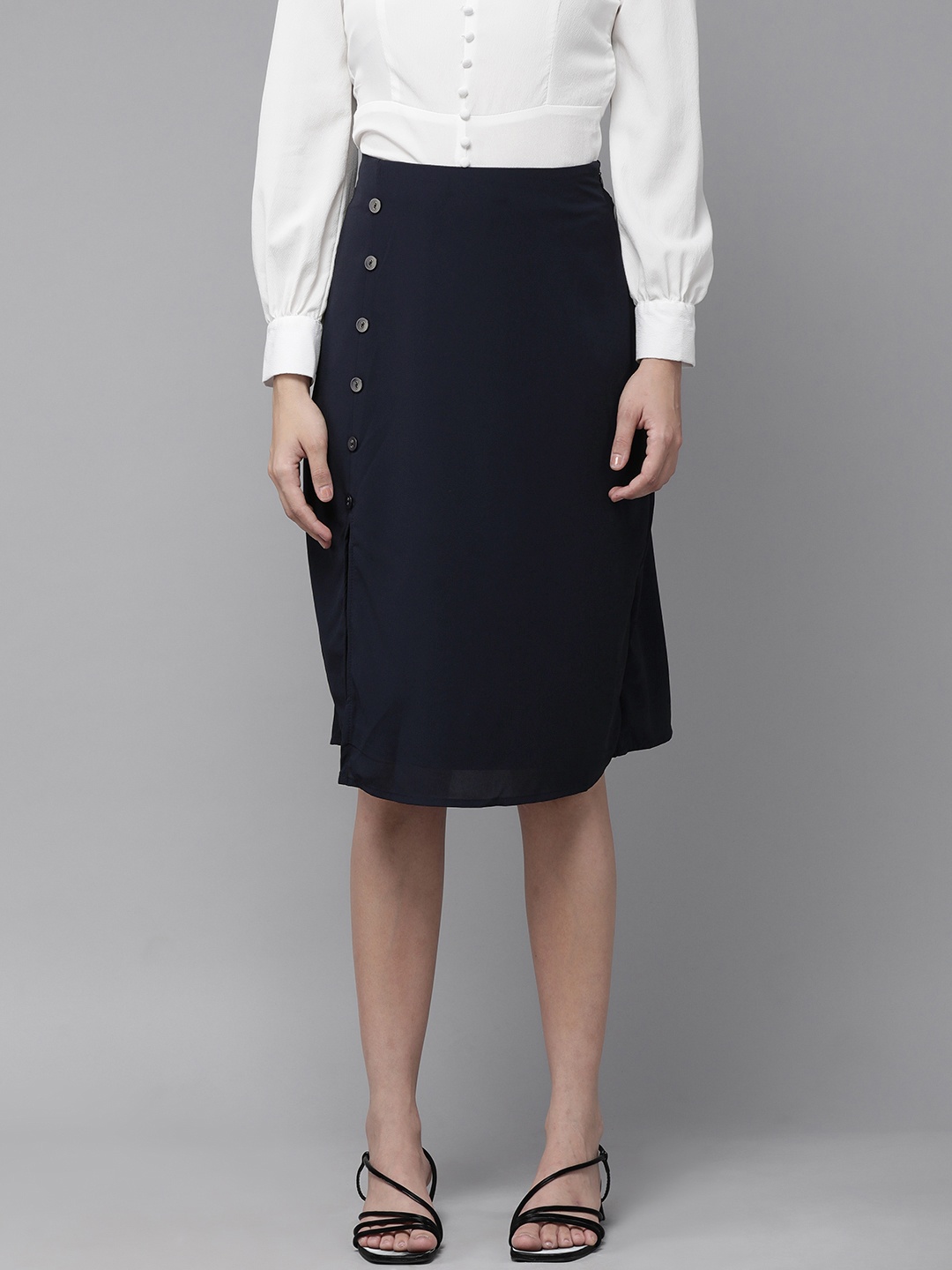 

RARE Women Navy Blue Solid High-Slit Midi A-Line Skirt