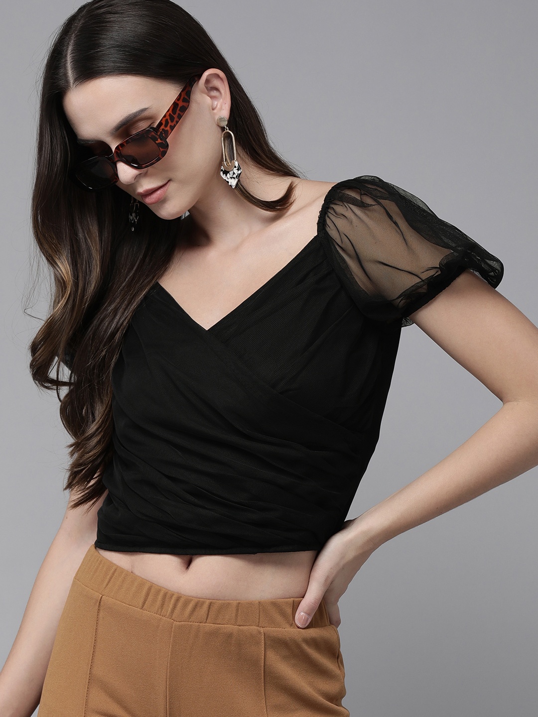 

RARE Black Sweetheart Neck Net Puff Sleeves Crop Top