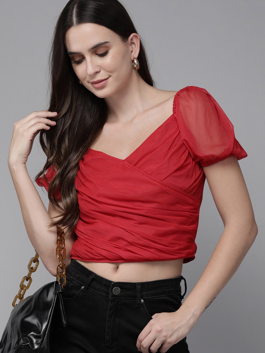 

RARE Red Solid Sweetheart Neck Net Wrap Crop Top