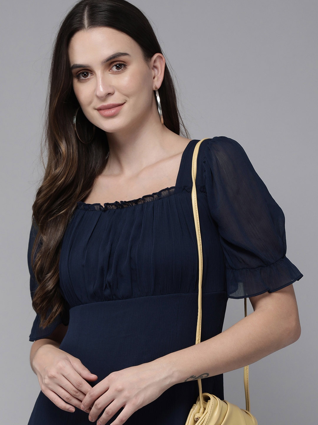 

RARE Navy Blue Solid Chiffon A-Line Midi Dress