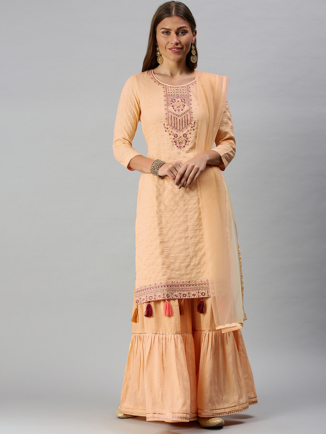 

SheWill Women Cream-Coloured Self-Striped Thread Work Kurta with Sharara & Dupatta