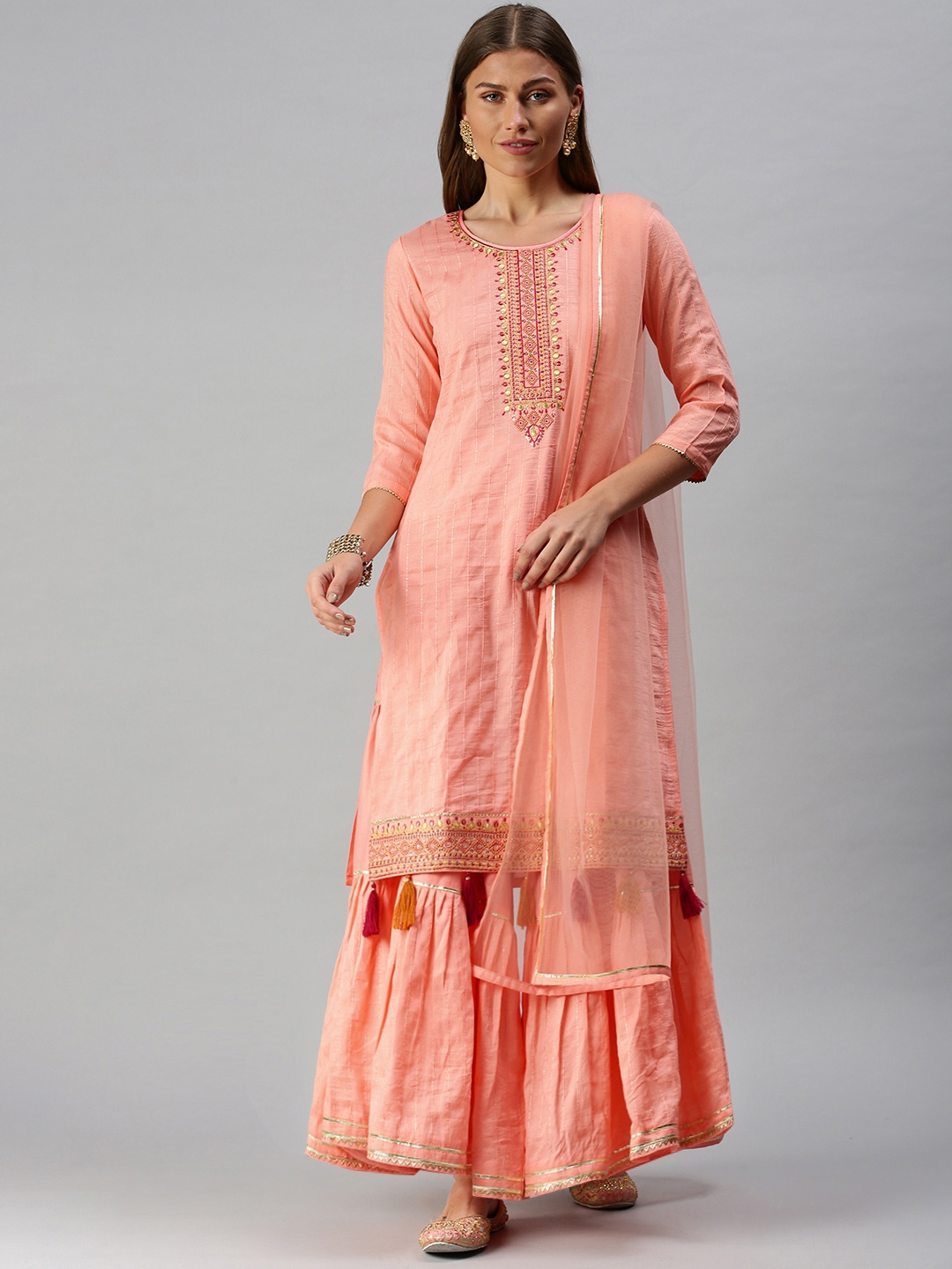 

SheWill Women Pink Self-Striped Thread Work Kurta with Sharara & Dupatta