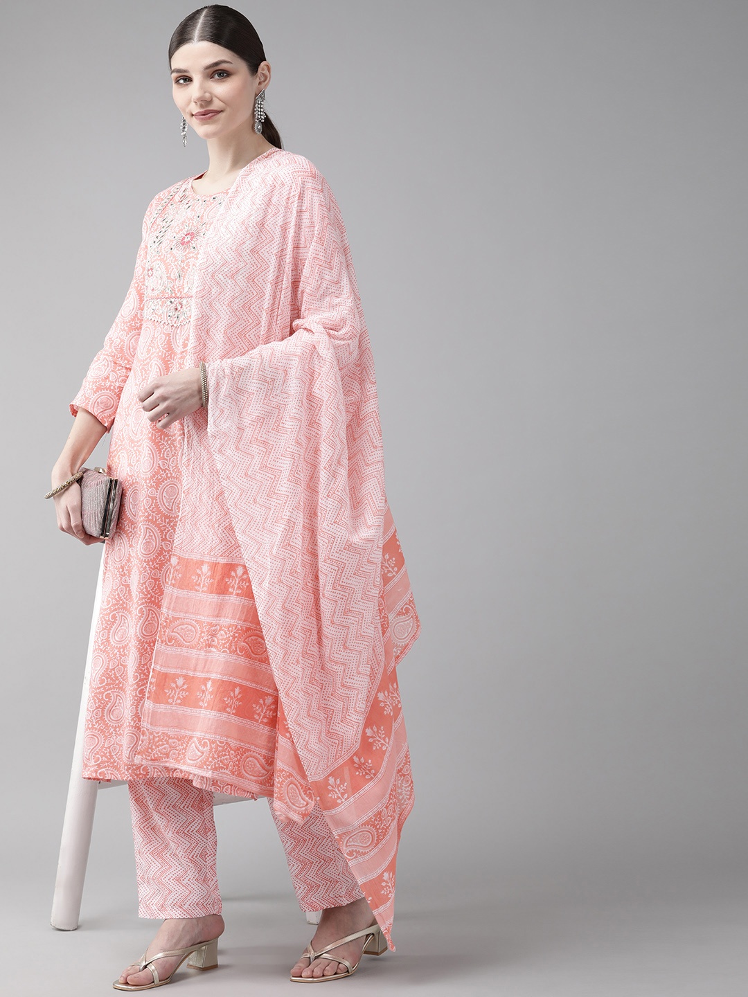 

Yufta Women Peach Paisley Yoke Design Pure Cotton Kurta with Palazzos & Dupatta
