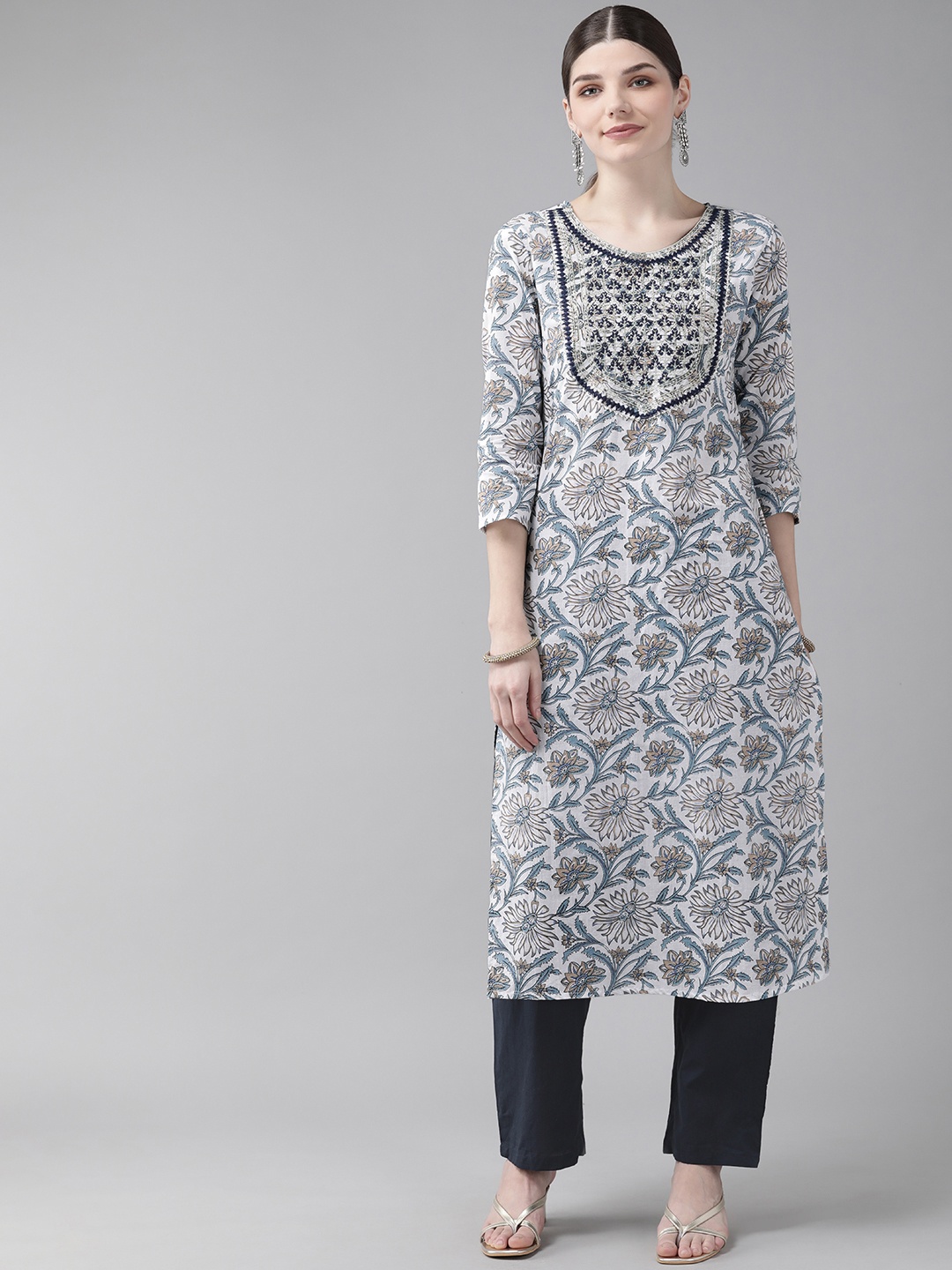 

Yufta Women White Floral Yoke Design Thread Work Pure Cotton Kurta with Trousers
