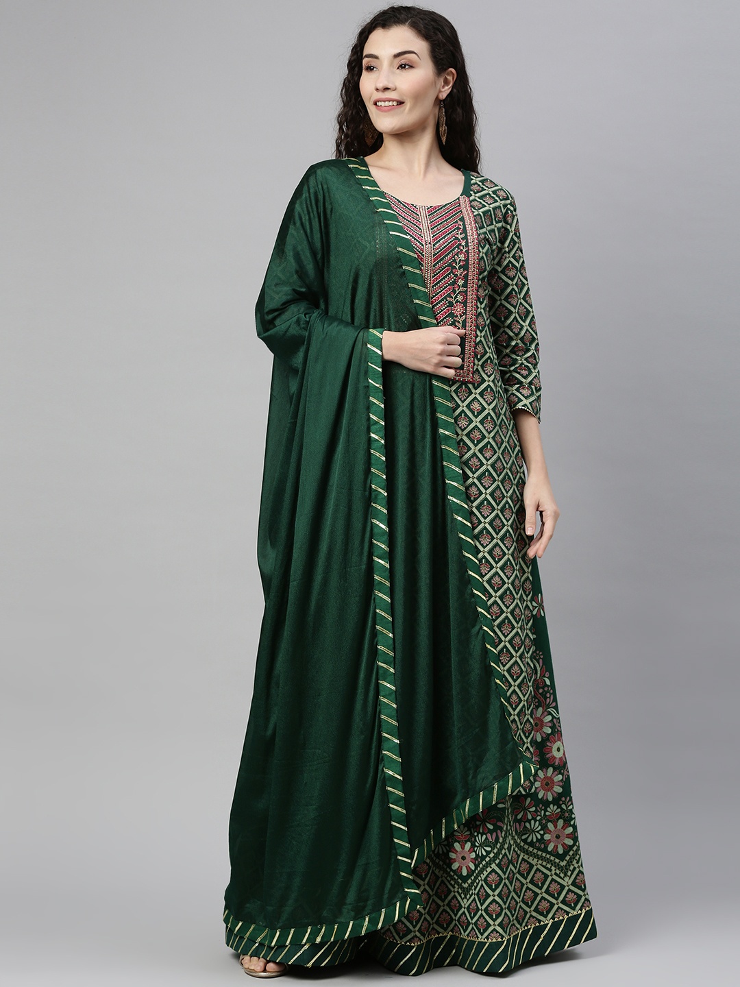 

SheWill Women Green Embroidered Kurti with Skirt & With Dupatta