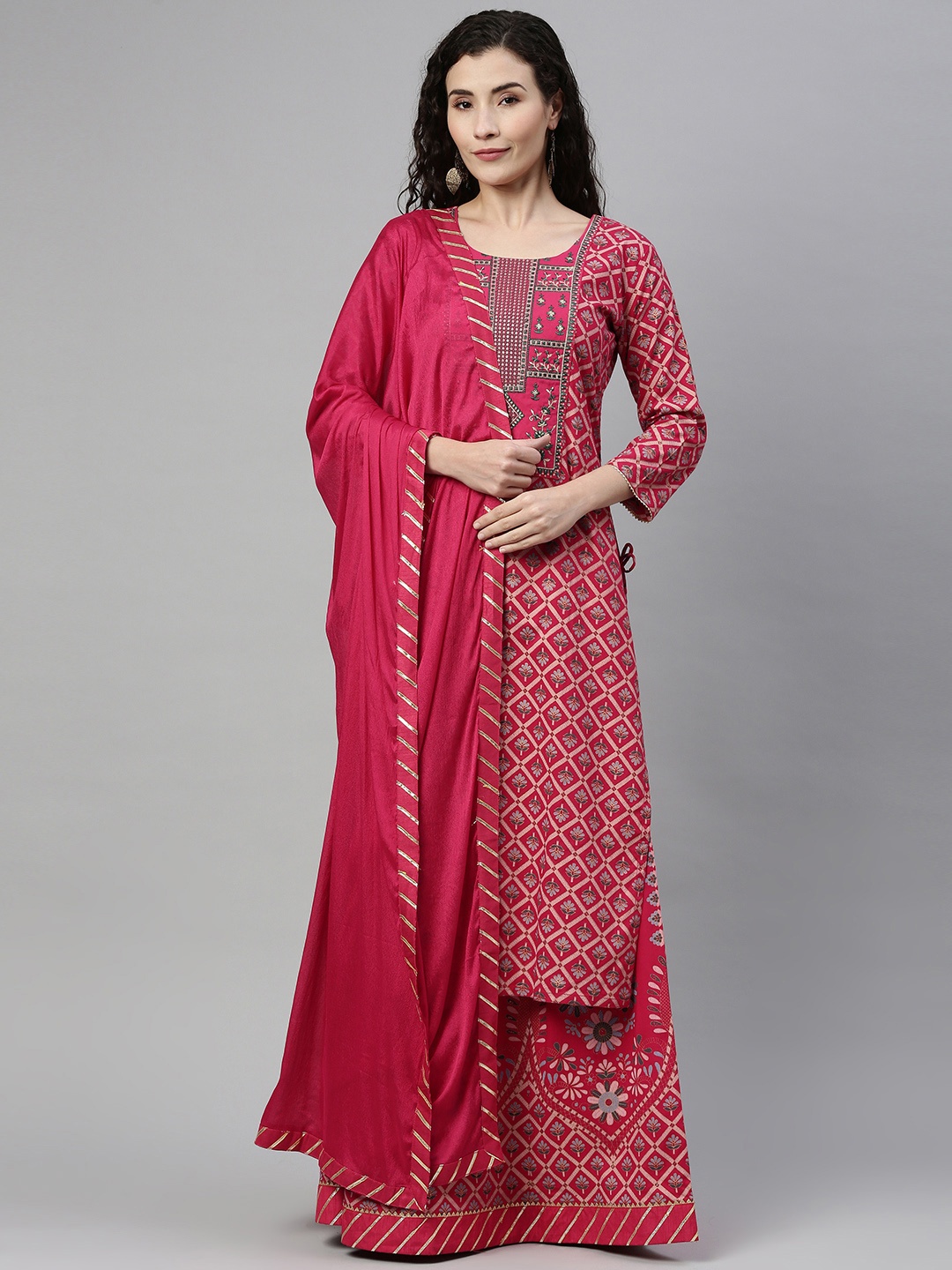 

SheWill Women Magenta Embroidered Kurti with Skirt & With Dupatta