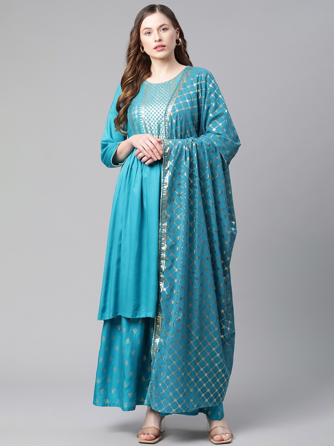 

Rangriti Women Assorted Printed A-Line Kurta with Sharara & Dupatta, Teal