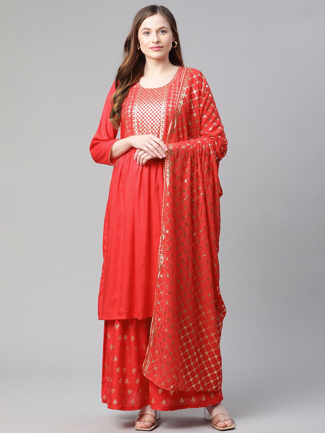 

Rangriti Women Assorted Printed A-Line Kurta with Sharara & Dupatta