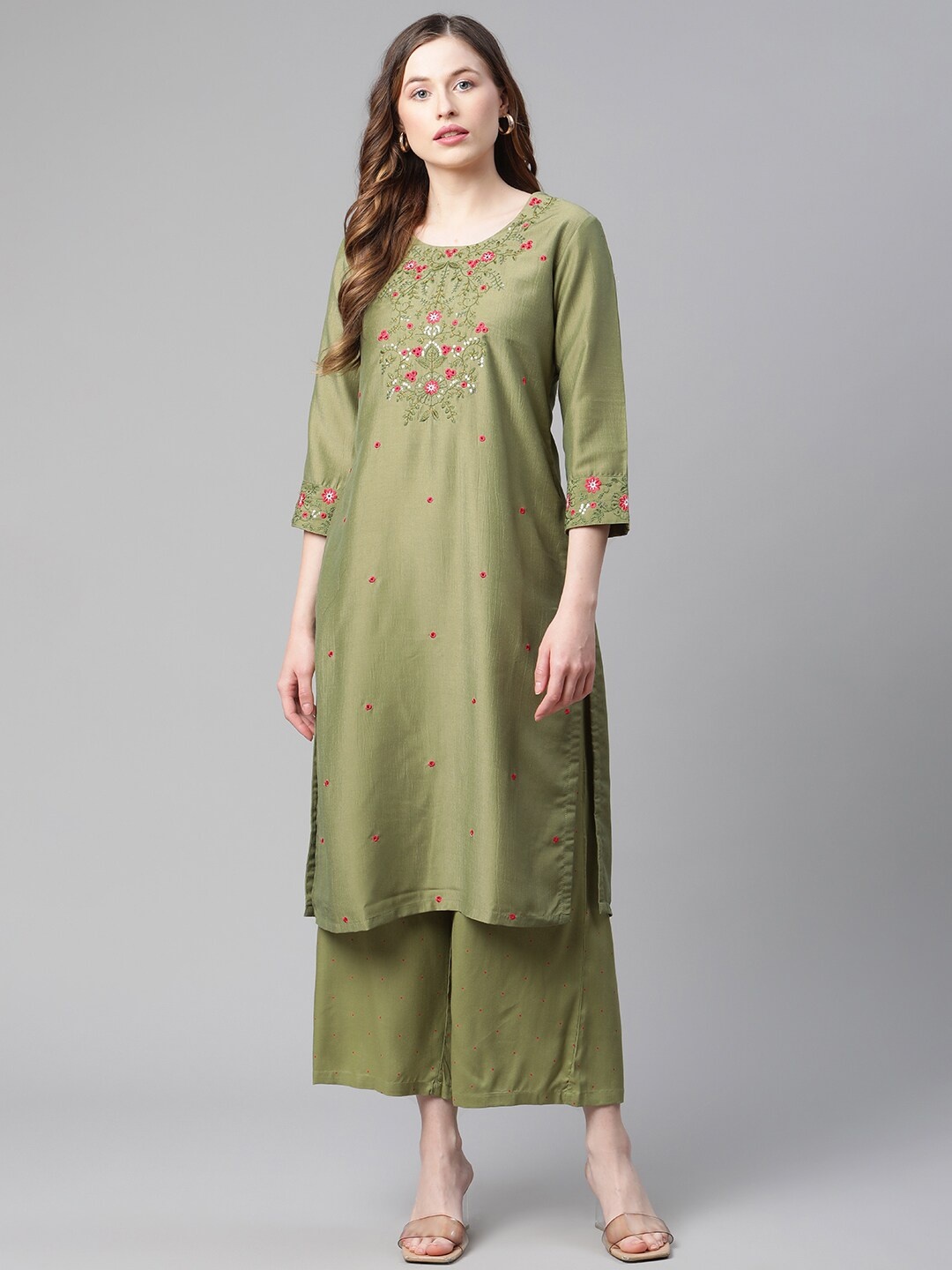 

Rangriti Women Assorted Floral Embroidered Kurta with Palazzos, Green
