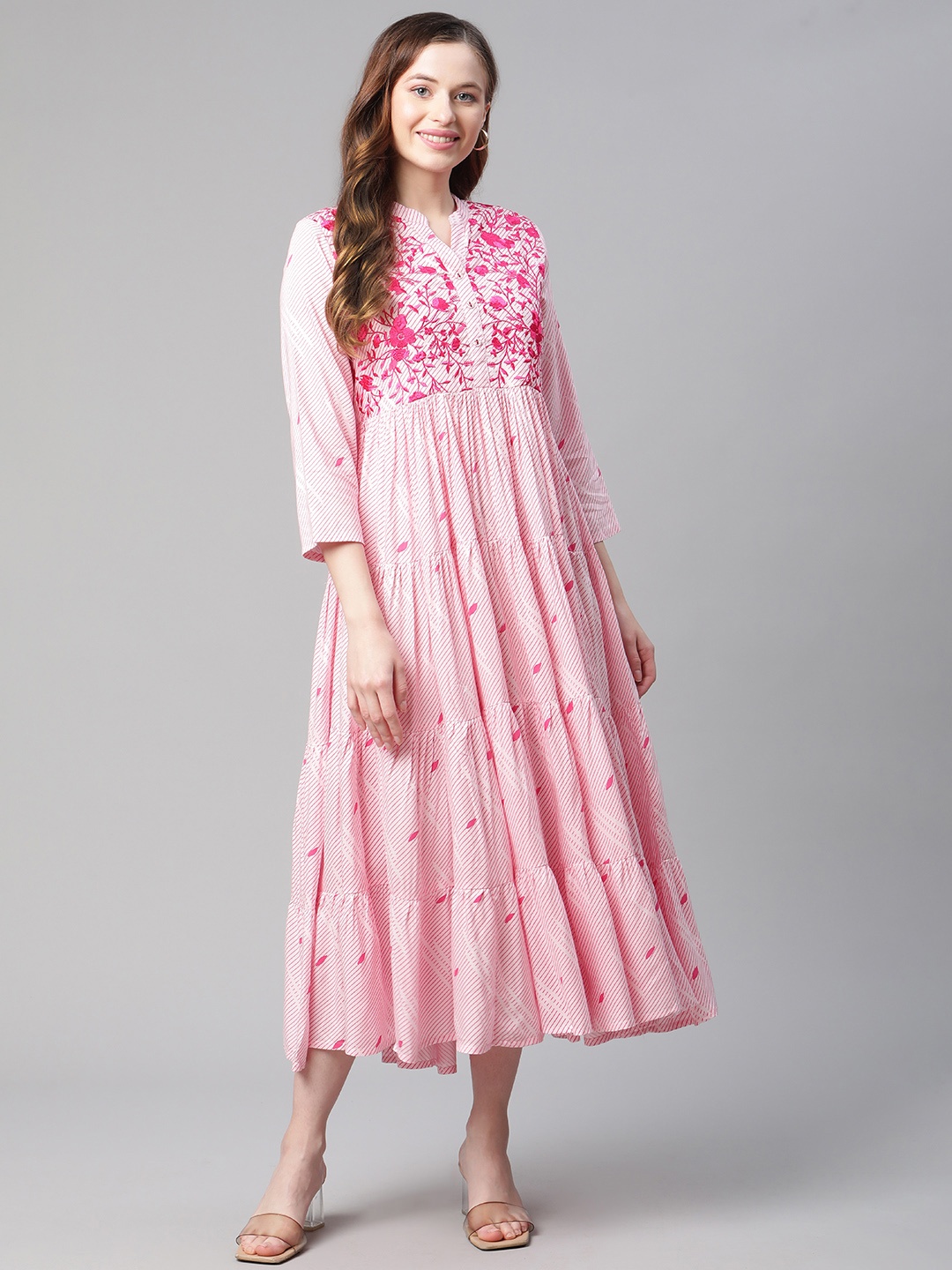

Rangriti Women Assorted Striped & Printed Tiered Midi Empire Dress
