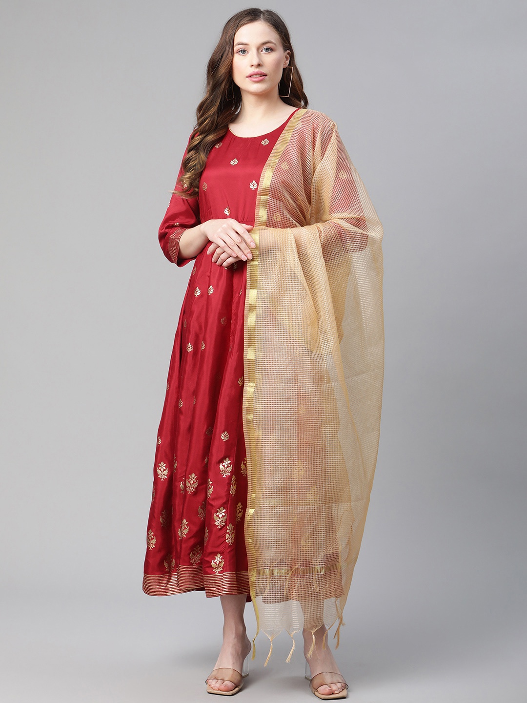 Rangriti Women Assorted Ethnic Motifs Print Maxi Dress with Dupatta
