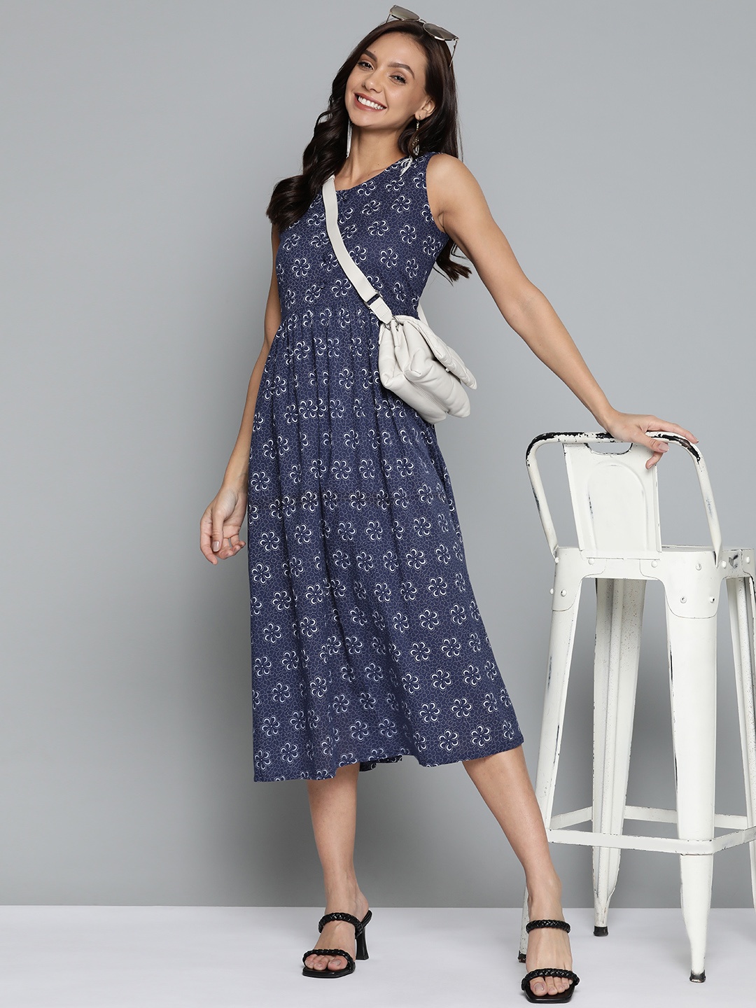 

HERE&NOW Navy Blue & White Floral A-Line Midi Dress