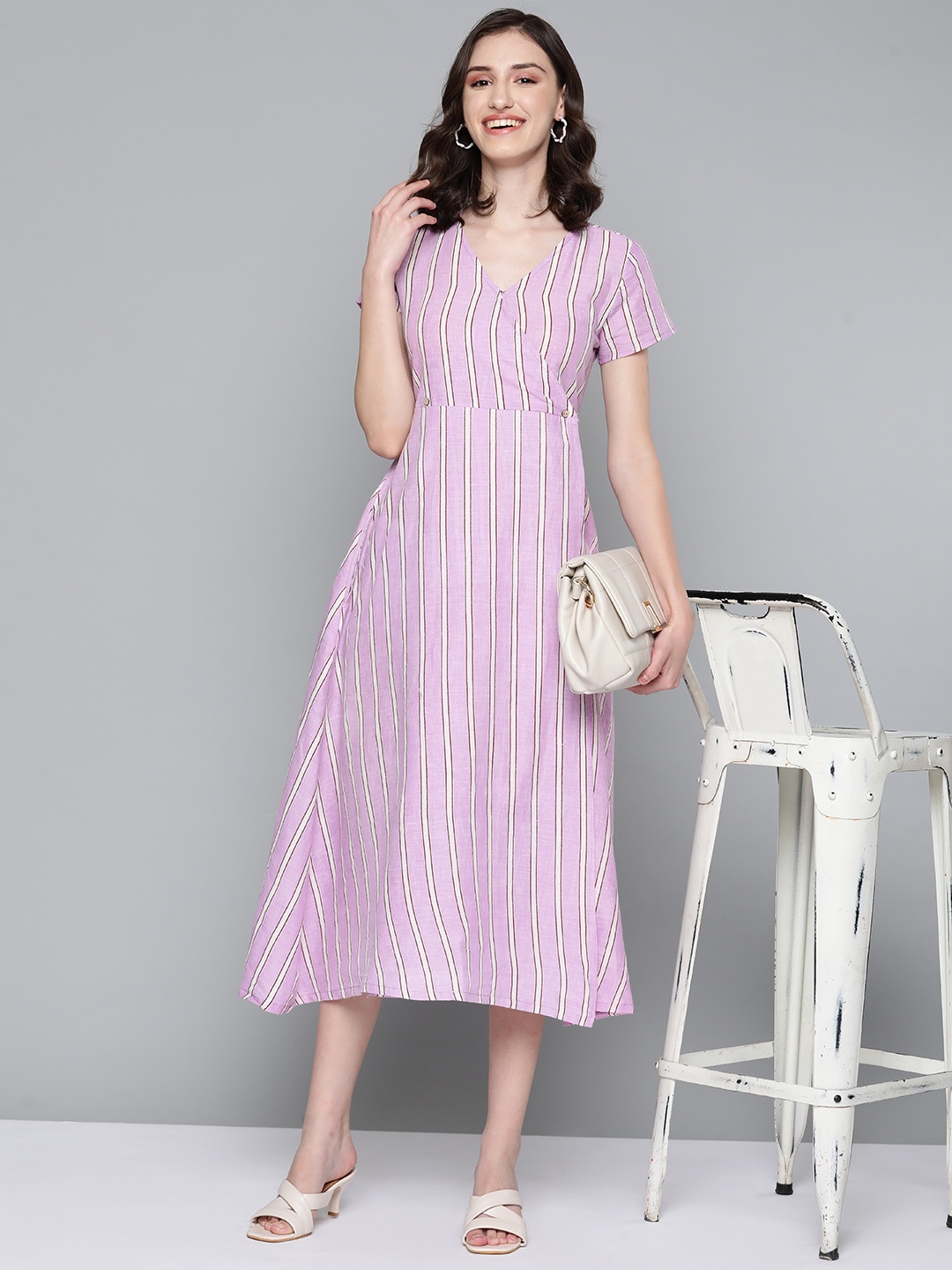 

HERE&NOW Lavender & Off White Striped Midi Dress