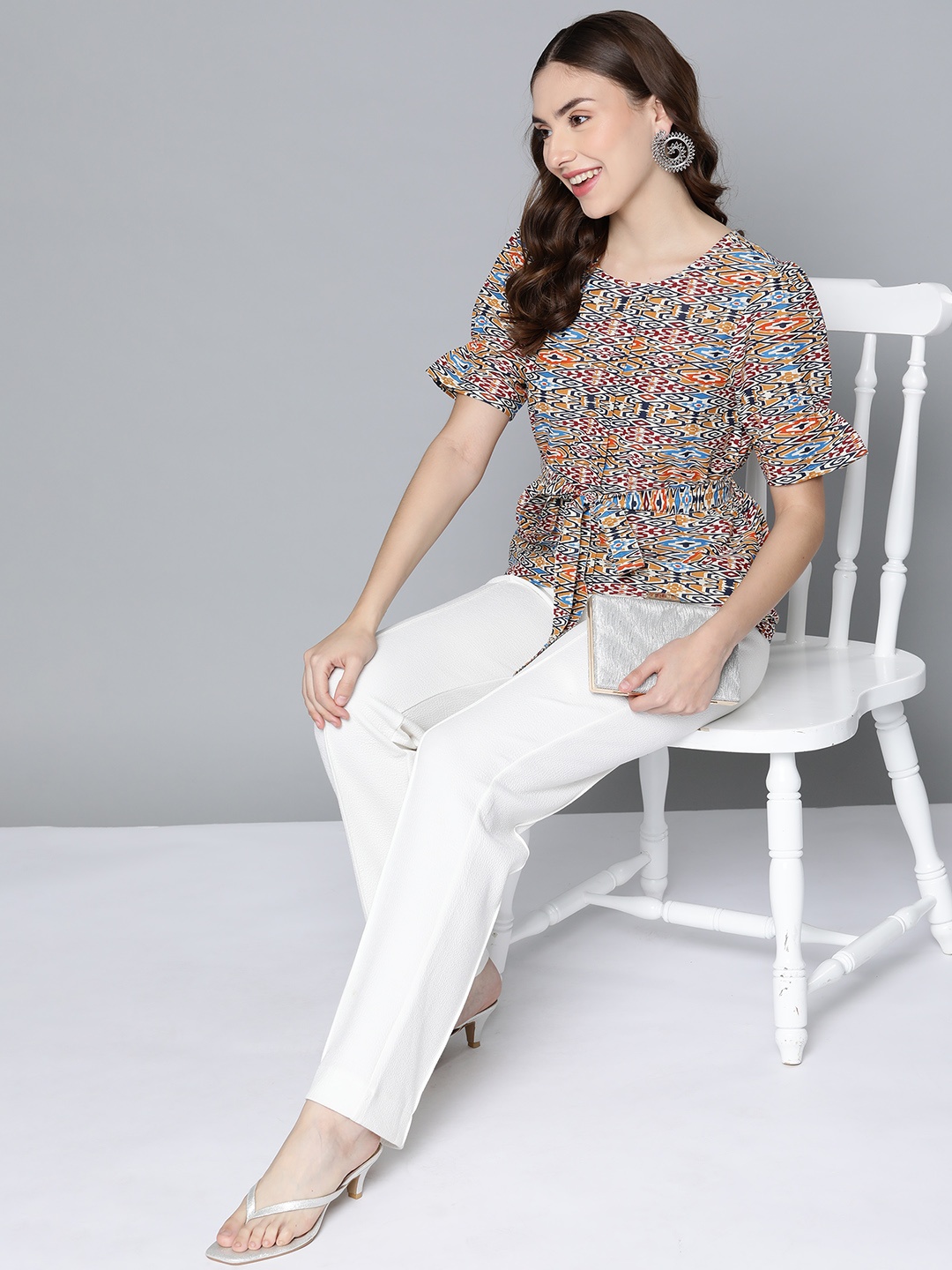 

HERE&NOW White & Navy Blue Geometric Print Cotton Top
