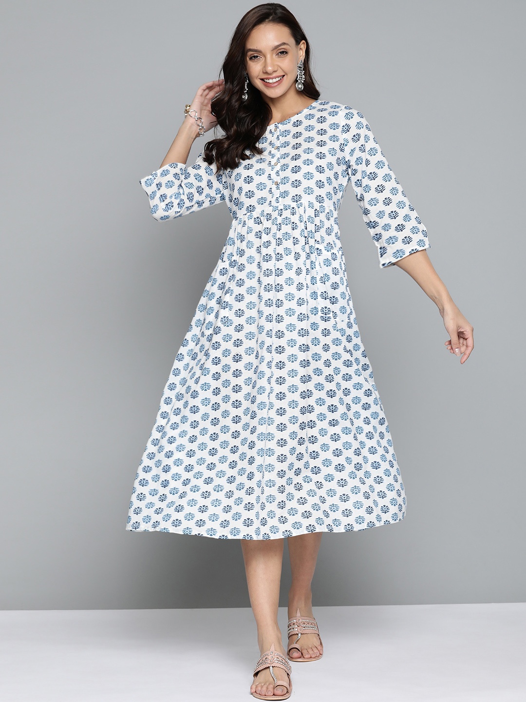 

HERE&NOW Cotton A-Line Midi Motifs Printed Ethnic Dress, White