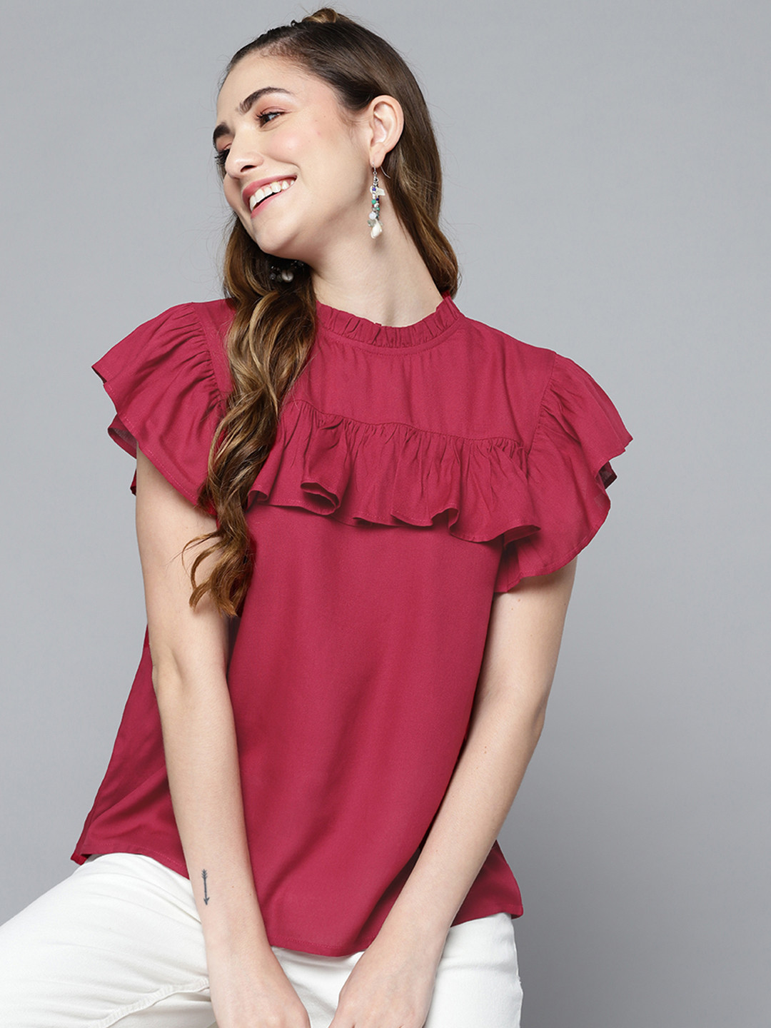 

HERE&NOW Fuchsia Solid Ruffles Top